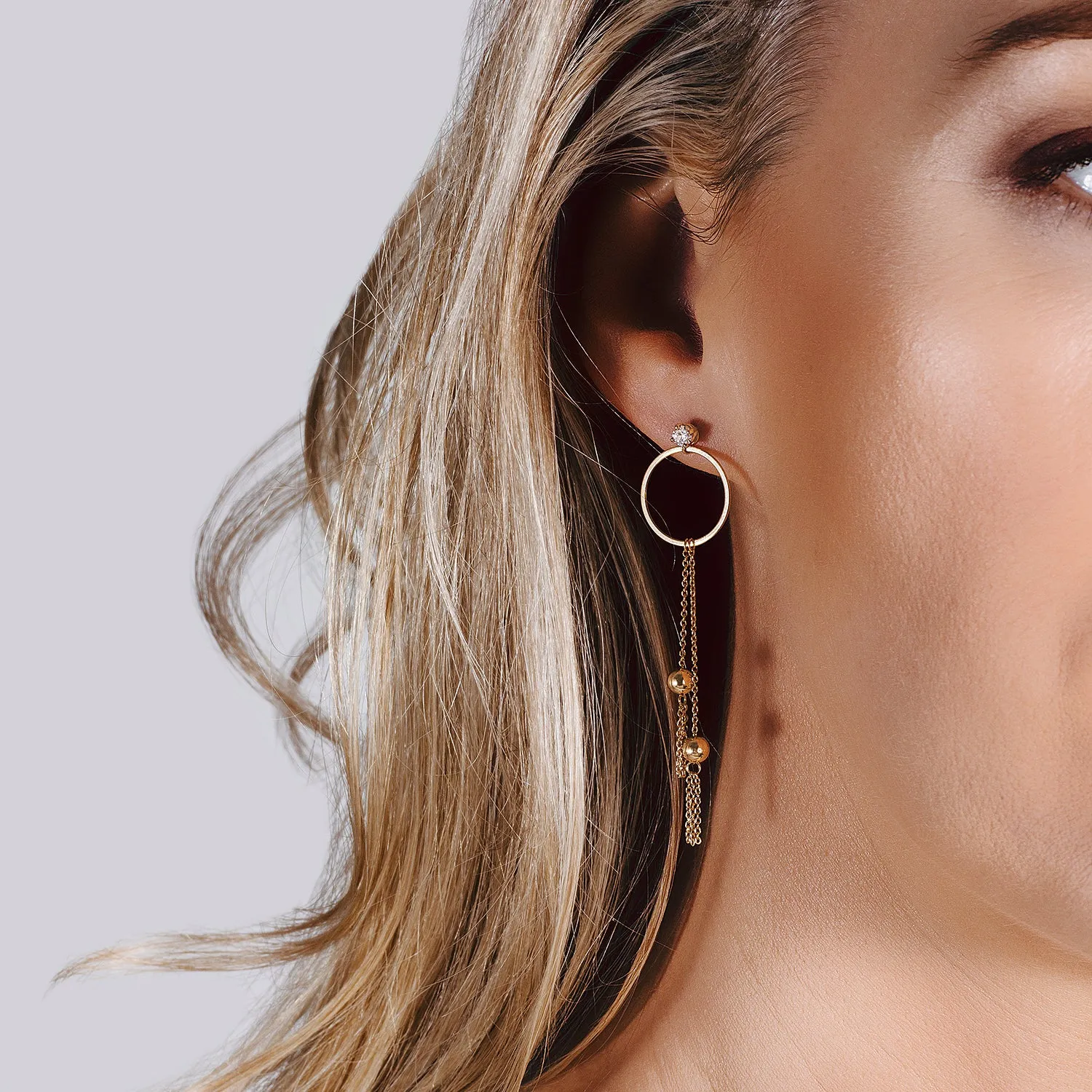 0.20 CTW DEW Moissanite Circle Chain Drop Earrings in 14K Yellow Gold