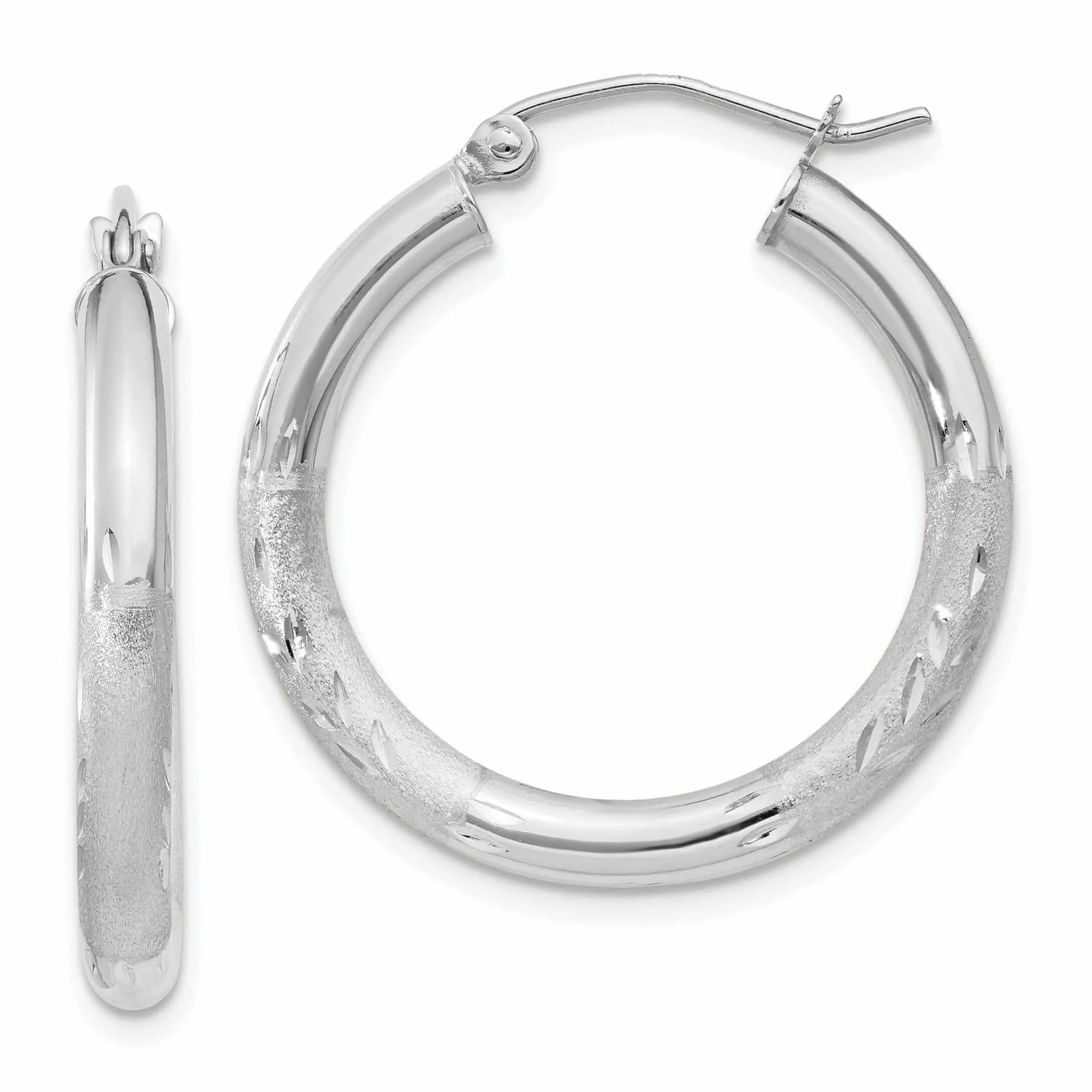 10k White Gold Satin Diamond Cut Round Hoop Earrings