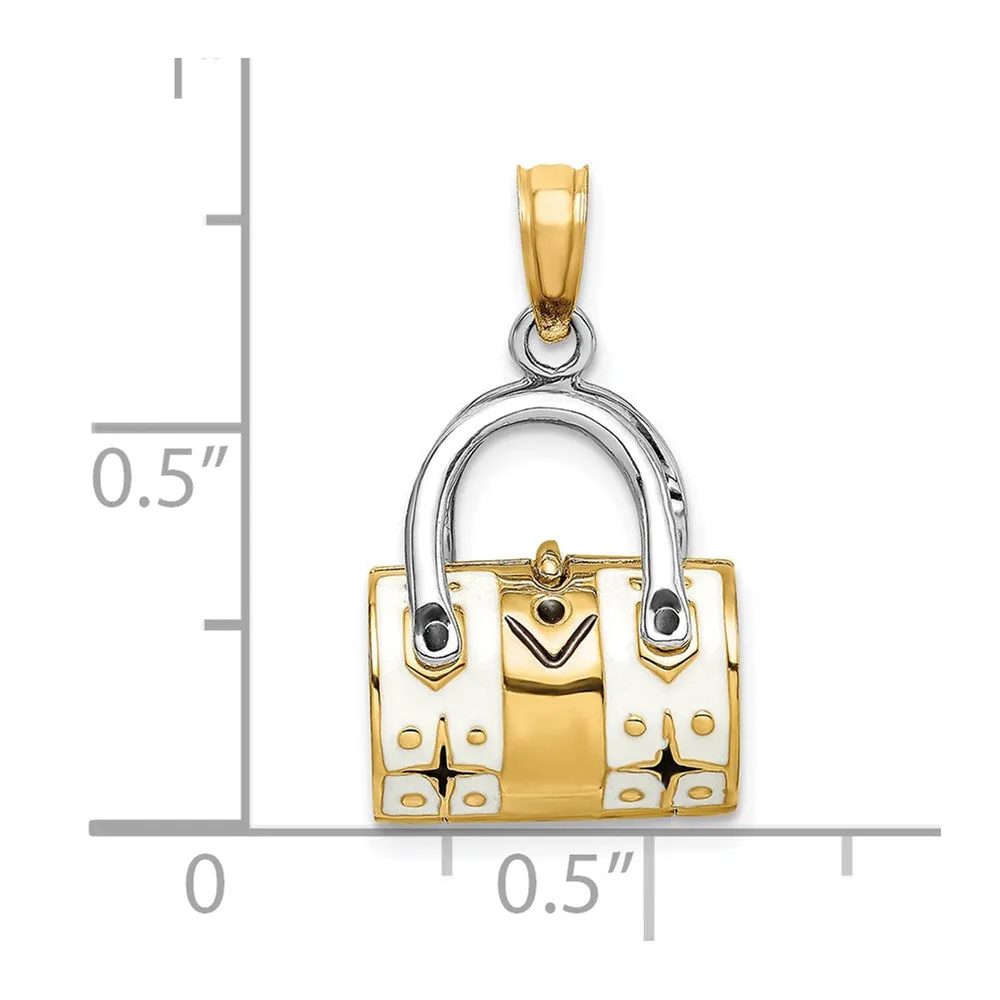 14K & Rhodium 3-D White Enameled Handbag Opens Charm