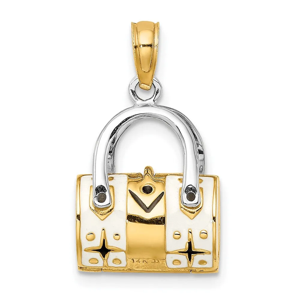14K & Rhodium 3-D White Enameled Handbag Opens Charm