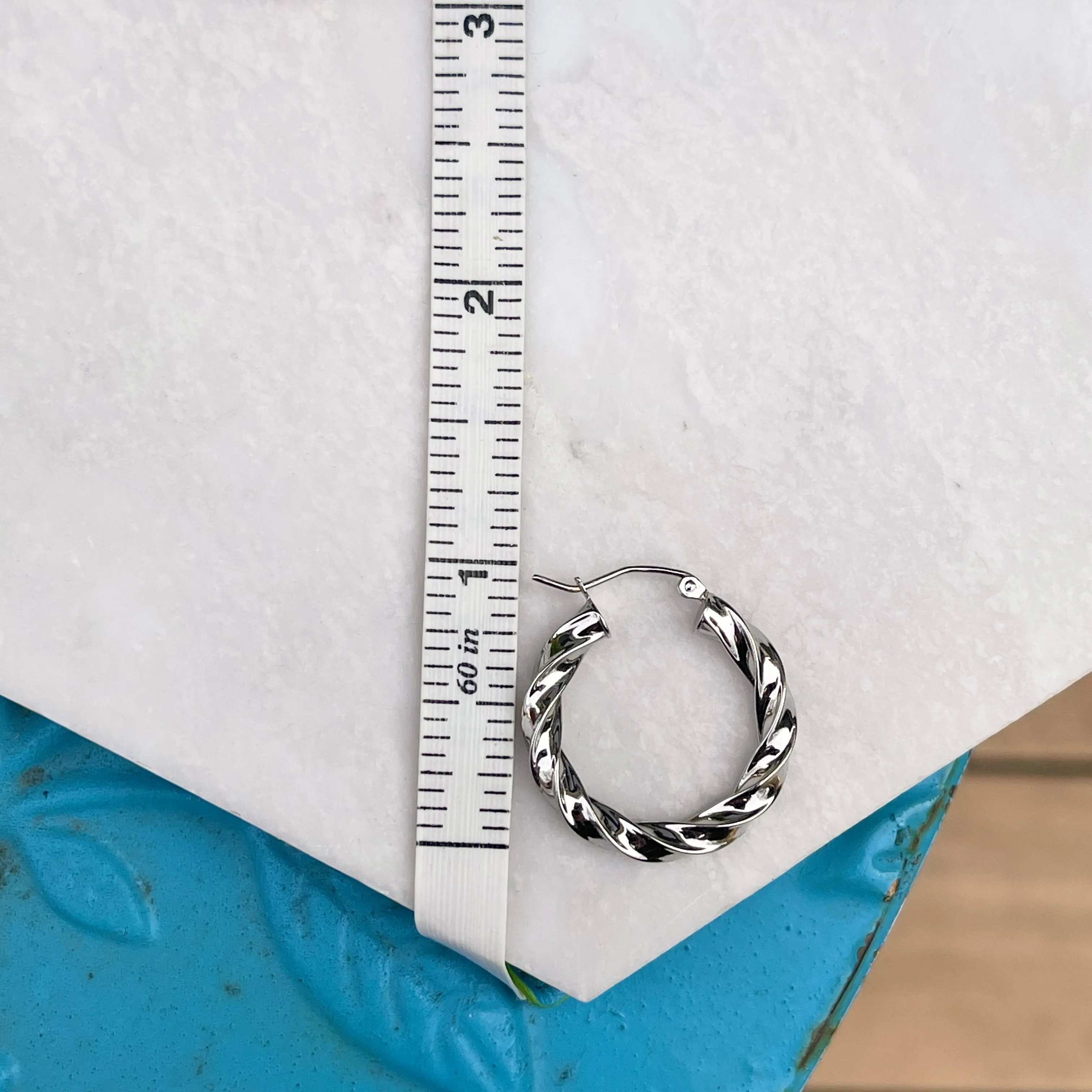 14KT White Gold Twisted 4mm Tube Hoop Earrings 25mm