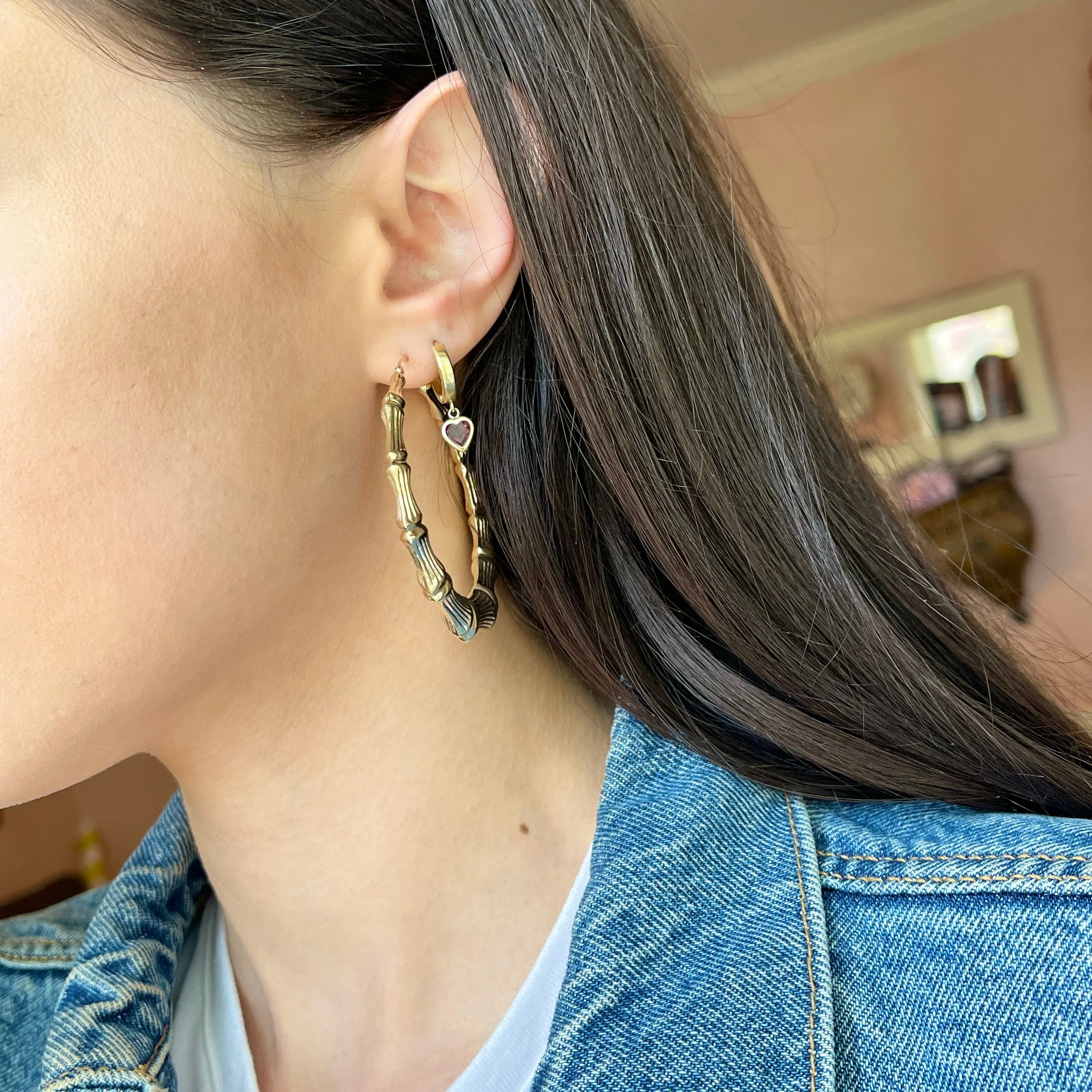 14KT Yellow Gold Polished   Textured Bamboo Large Hoop Earrings 54mm