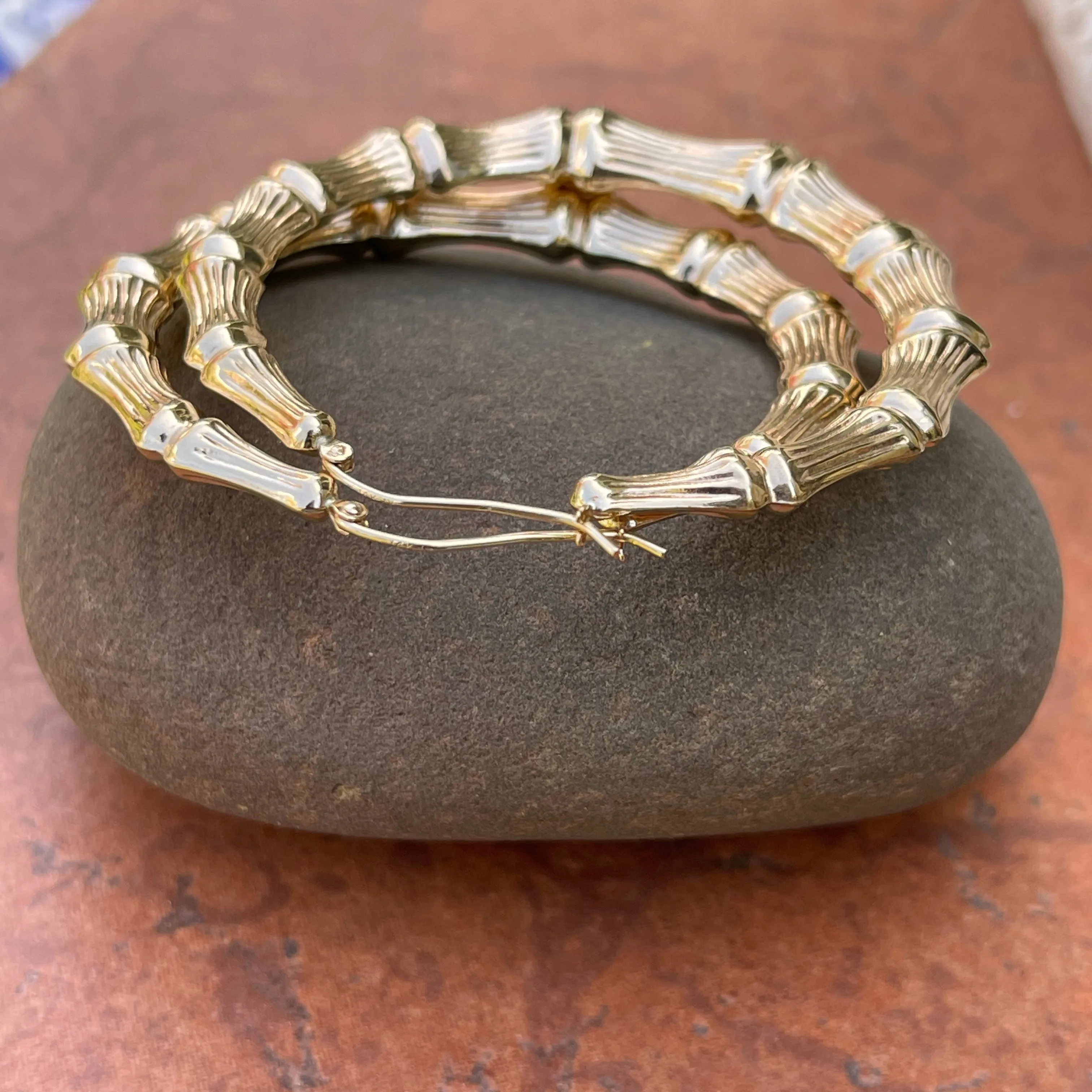 14KT Yellow Gold Polished   Textured Bamboo Large Hoop Earrings 54mm