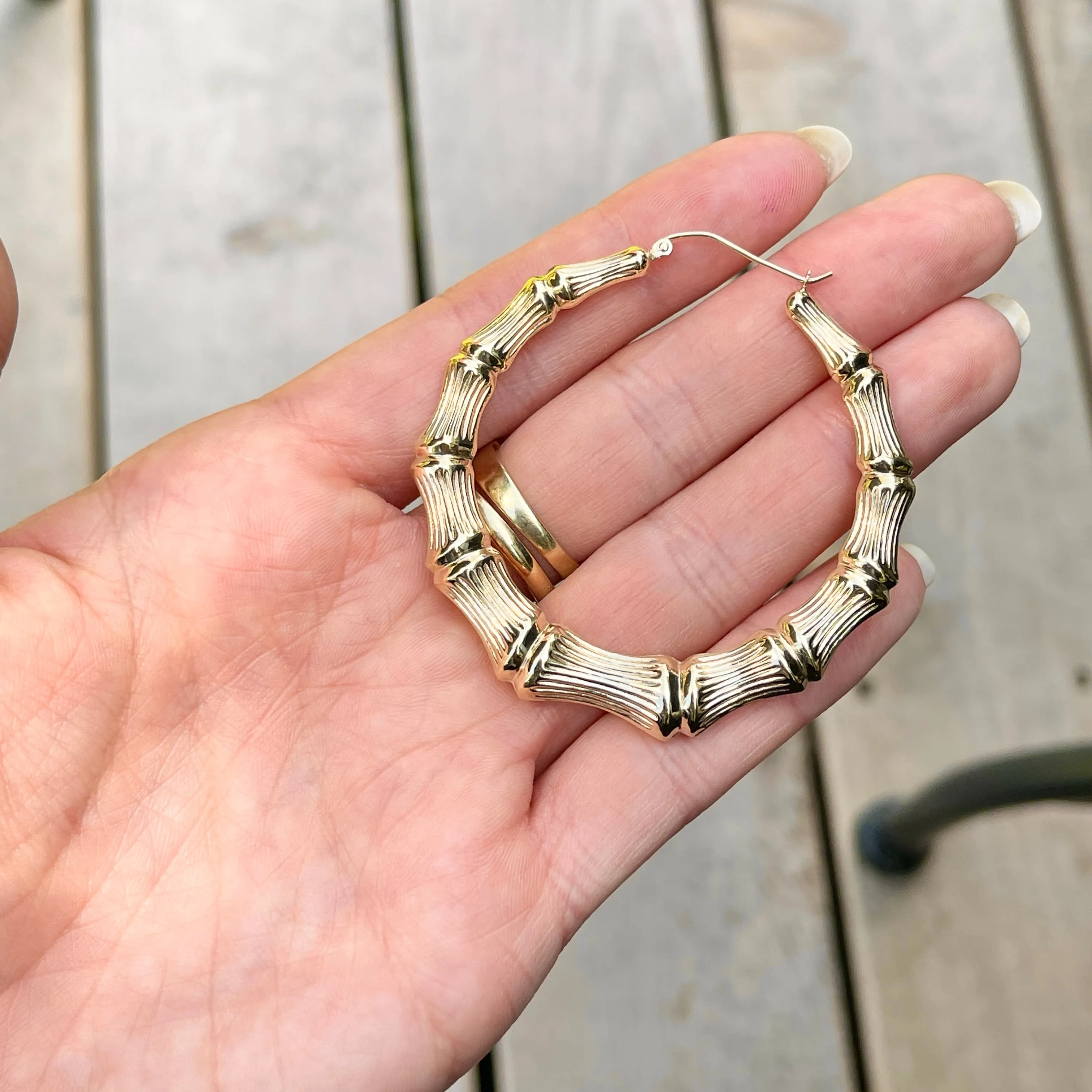 14KT Yellow Gold Polished   Textured Bamboo Large Hoop Earrings 54mm