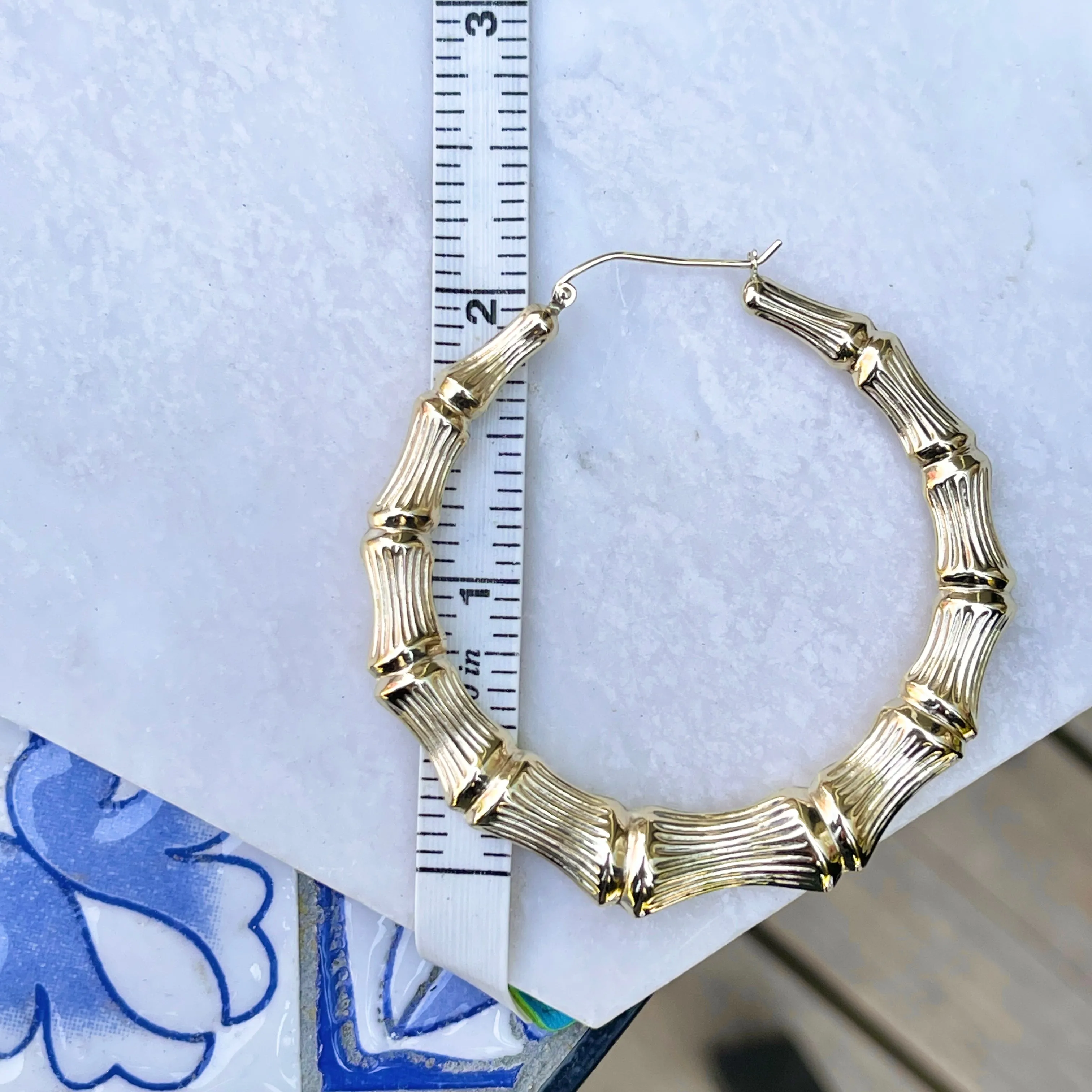 14KT Yellow Gold Polished   Textured Bamboo Large Hoop Earrings 54mm