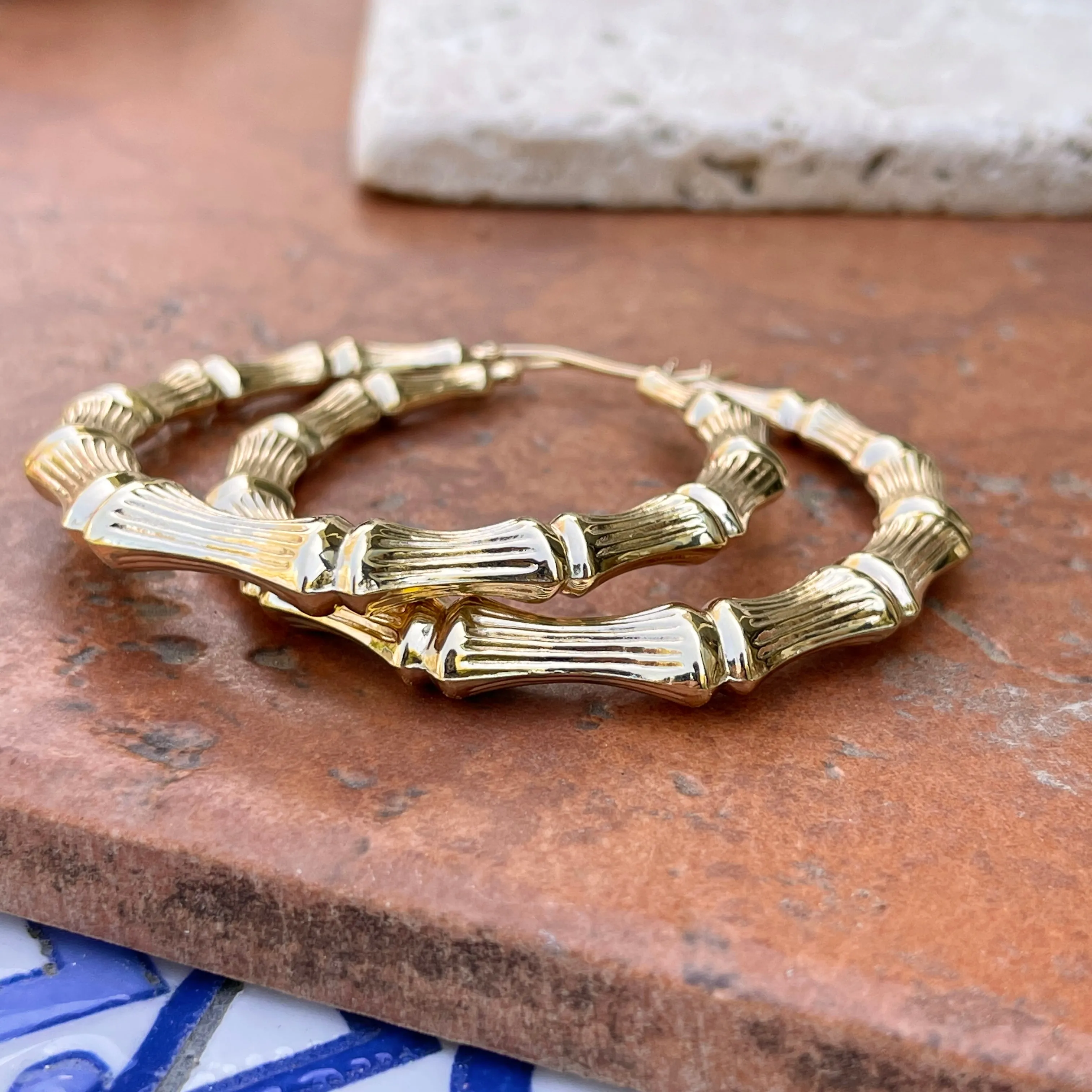14KT Yellow Gold Polished   Textured Bamboo Large Hoop Earrings 54mm