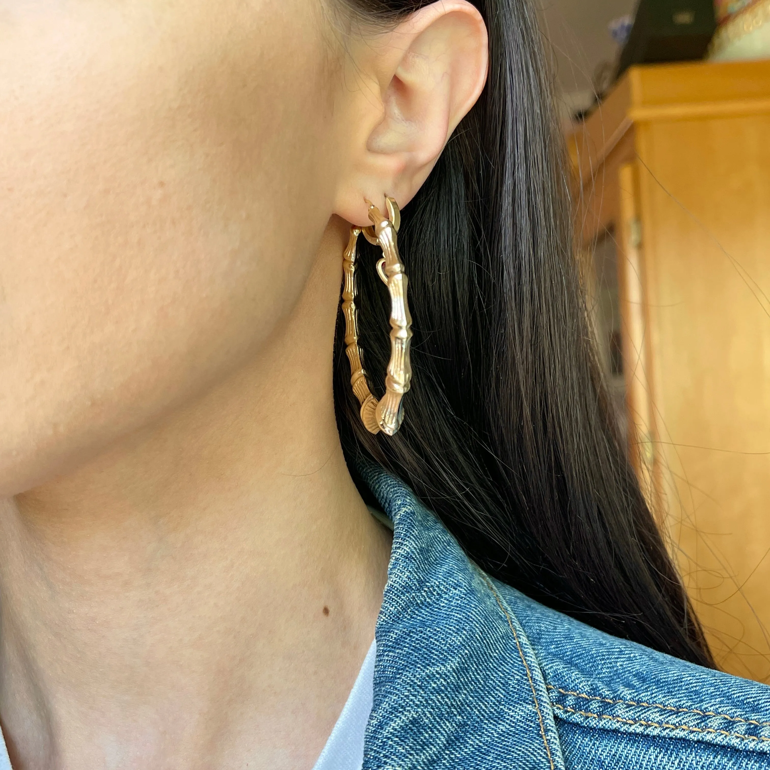 14KT Yellow Gold Polished   Textured Bamboo Large Hoop Earrings 54mm