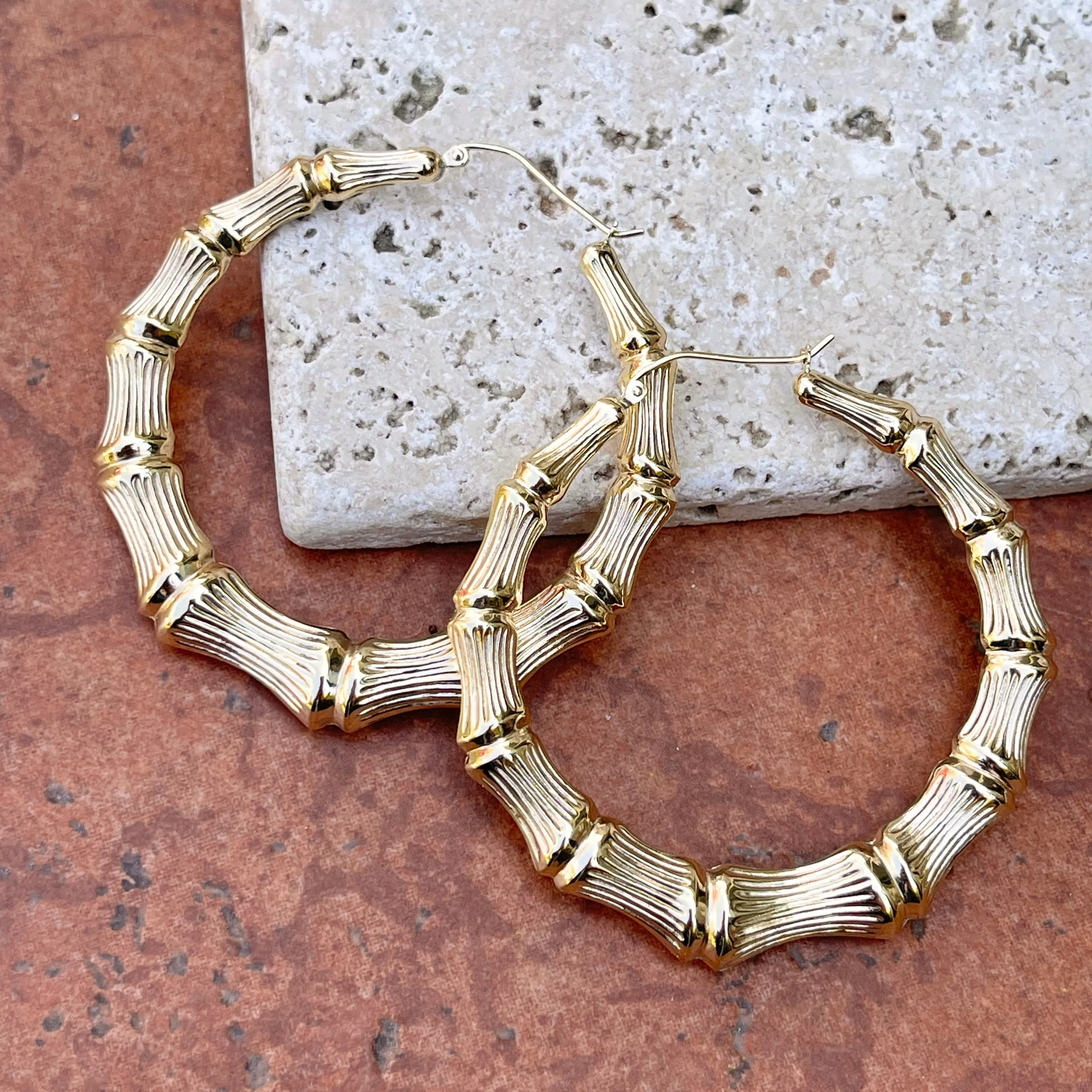 14KT Yellow Gold Polished   Textured Bamboo Large Hoop Earrings 54mm