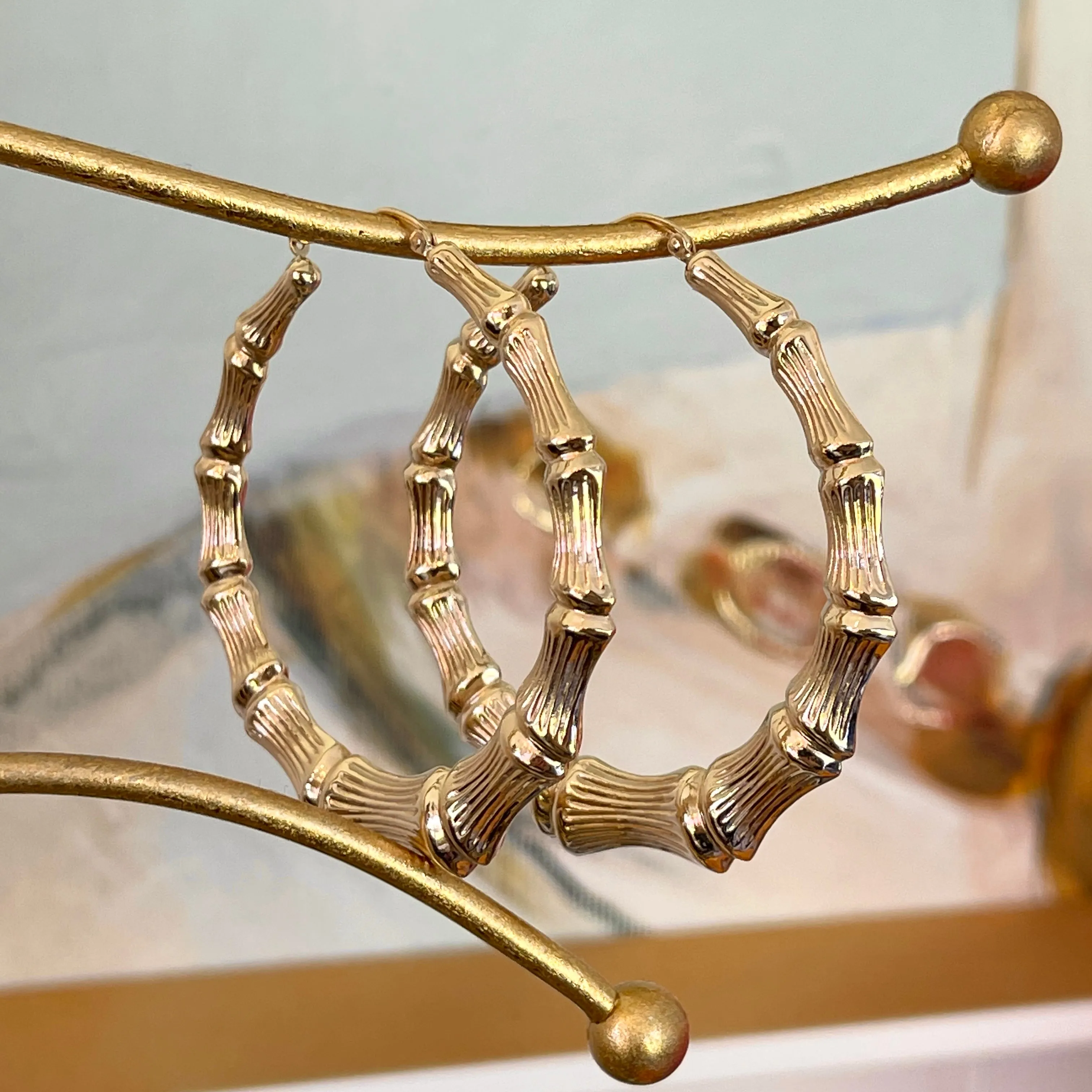 14KT Yellow Gold Polished   Textured Bamboo Large Hoop Earrings 54mm