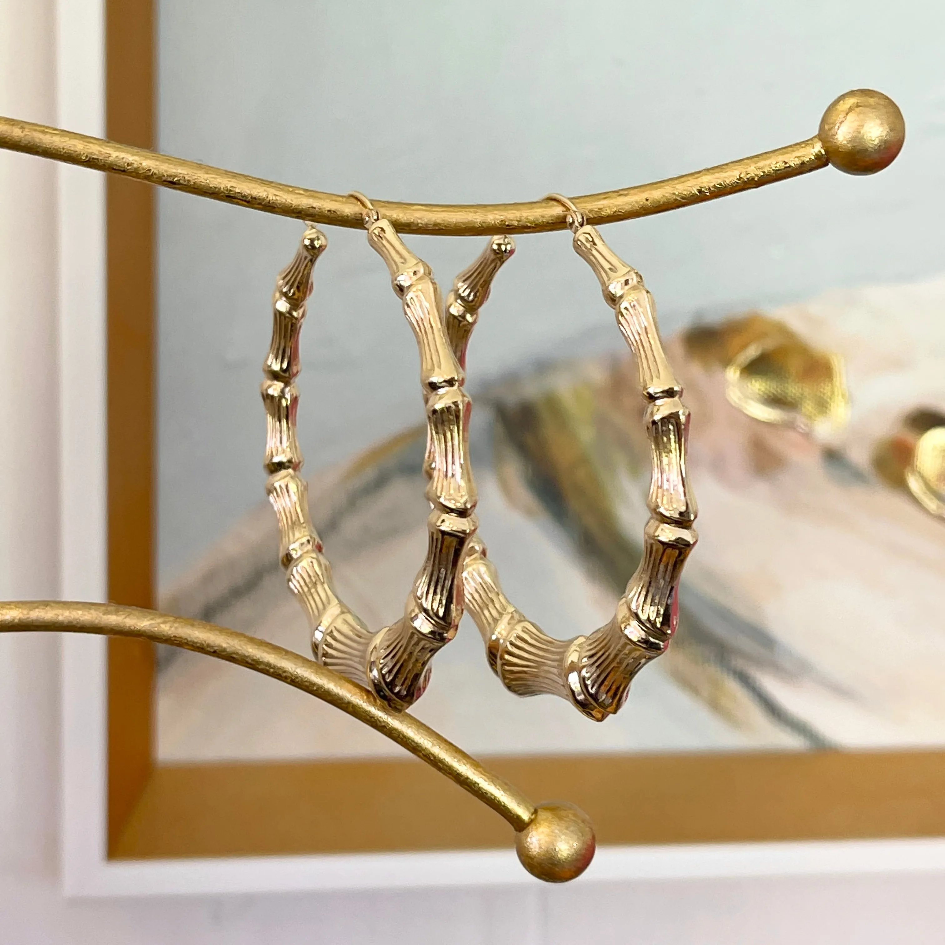 14KT Yellow Gold Polished   Textured Bamboo Large Hoop Earrings 54mm
