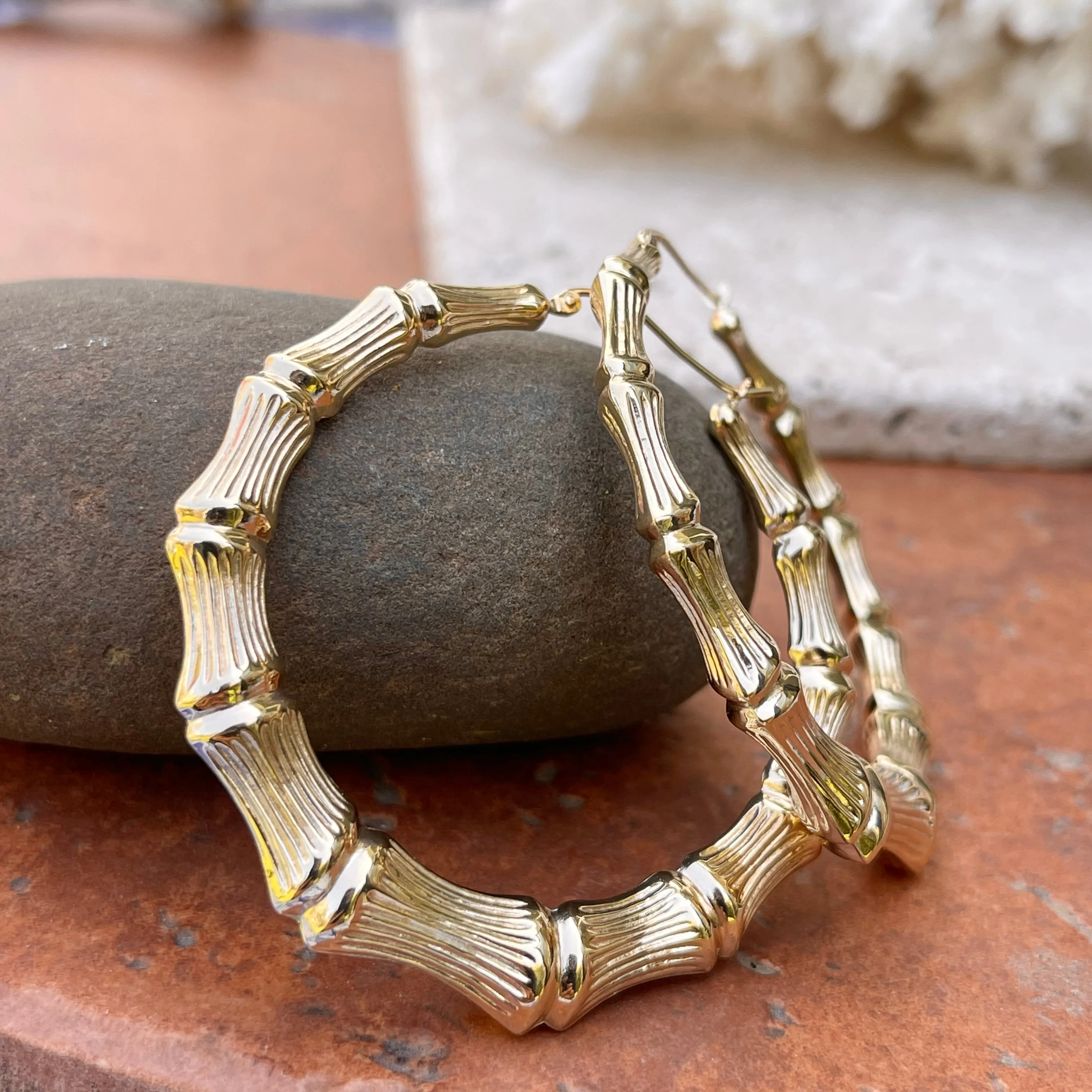 14KT Yellow Gold Polished   Textured Bamboo Large Hoop Earrings 54mm