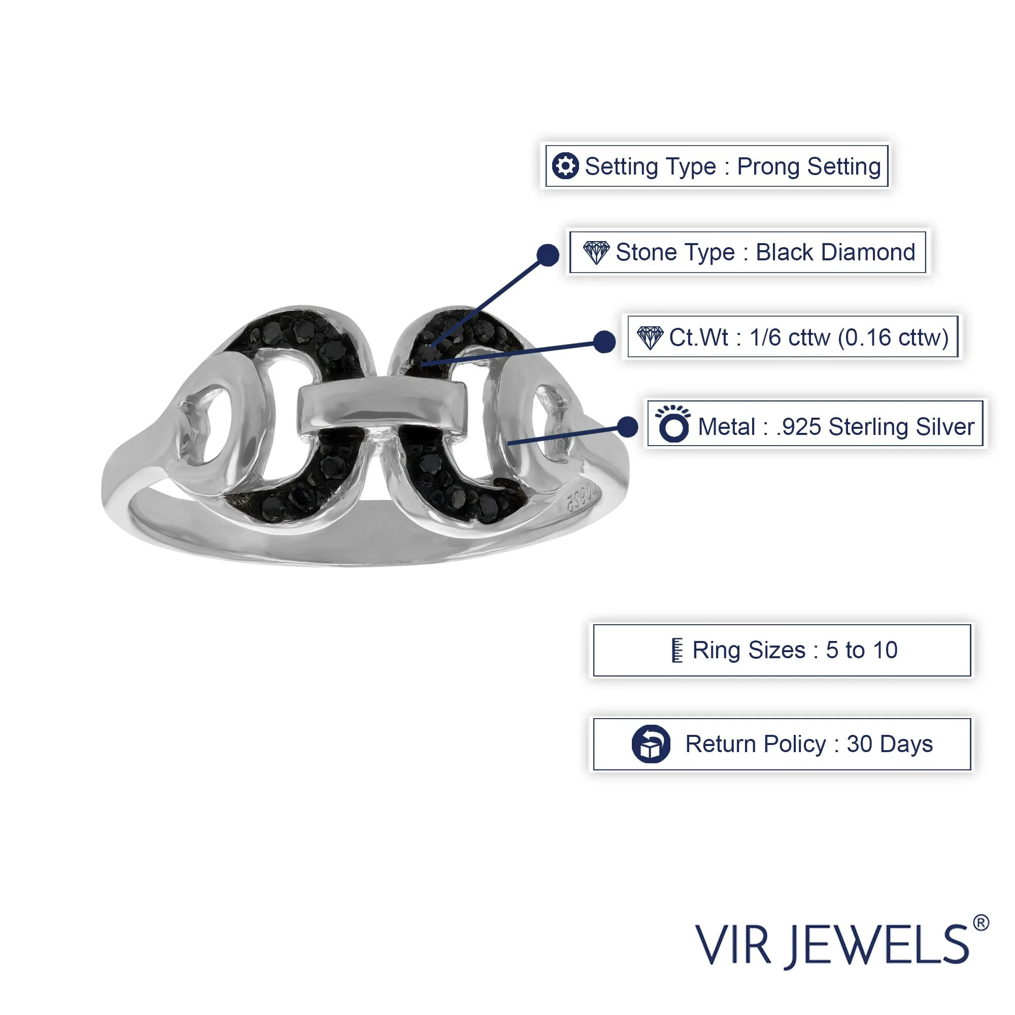 1/6 cttw Black Diamond Chain Statement Ring in Sterling Silver