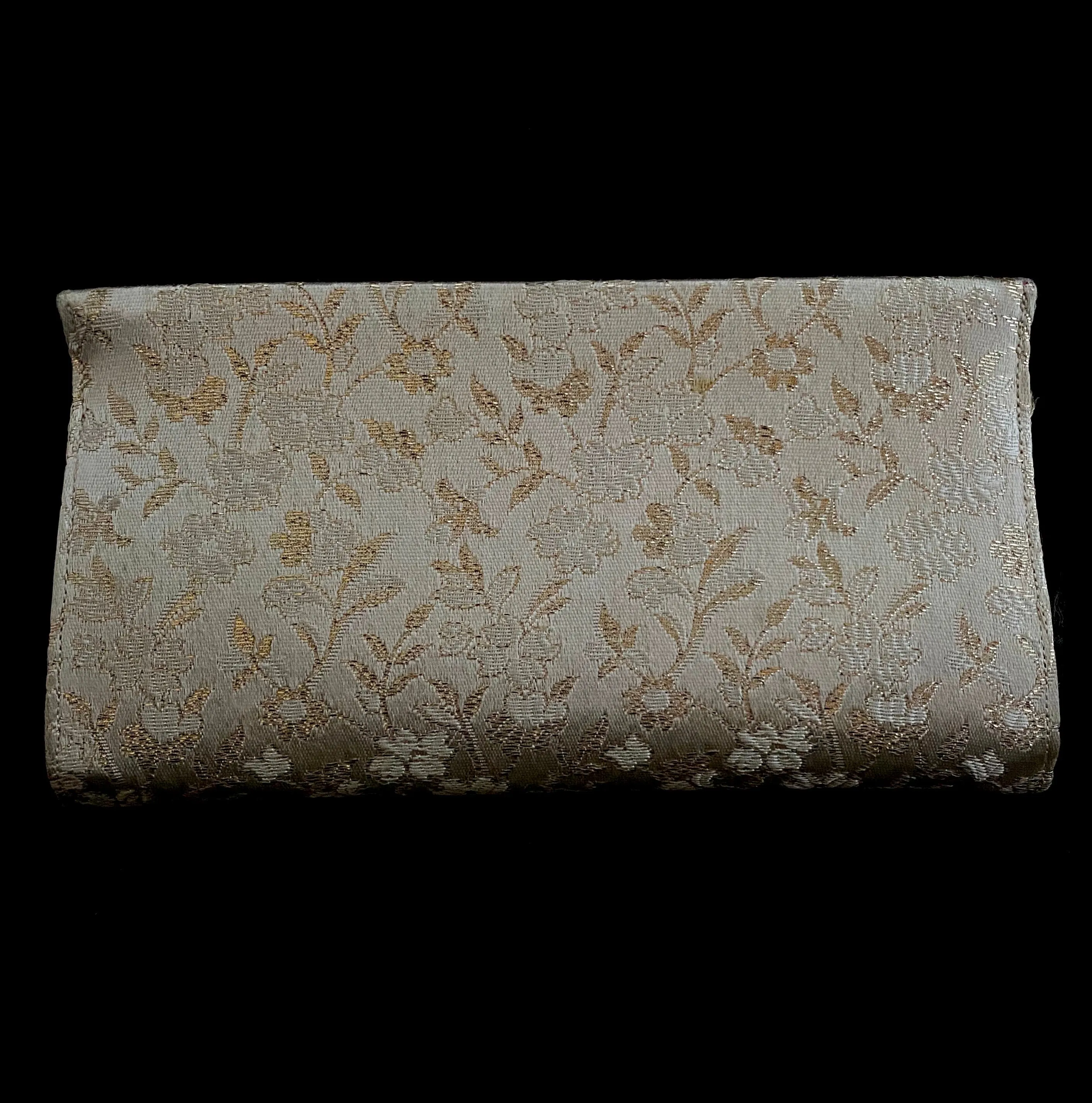 1960s Gold & Ivory Jacquard Taffeta Fabric Clutch