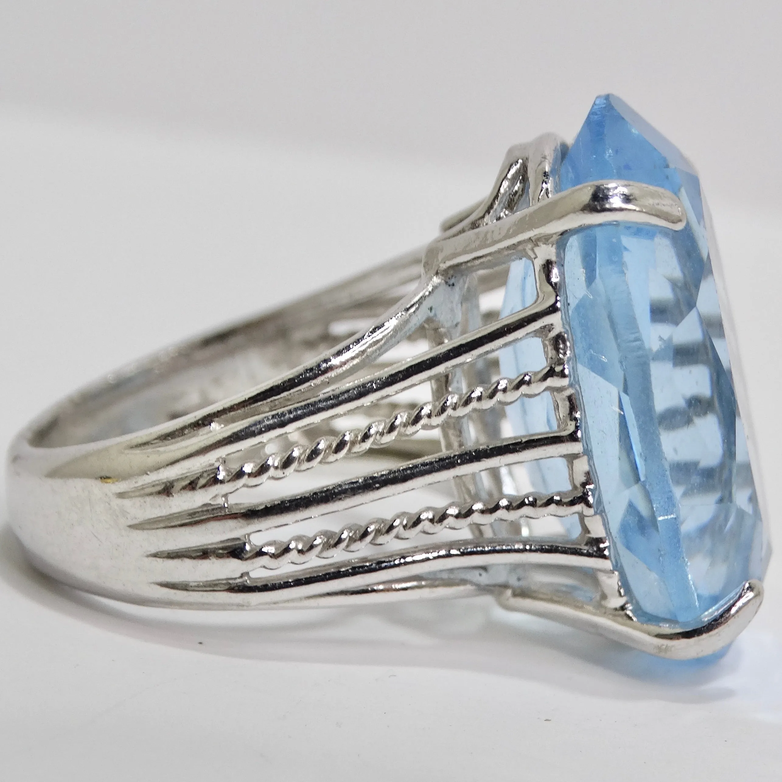1970s Synthetic Aquamarine Silver Plated Cocktail Ring