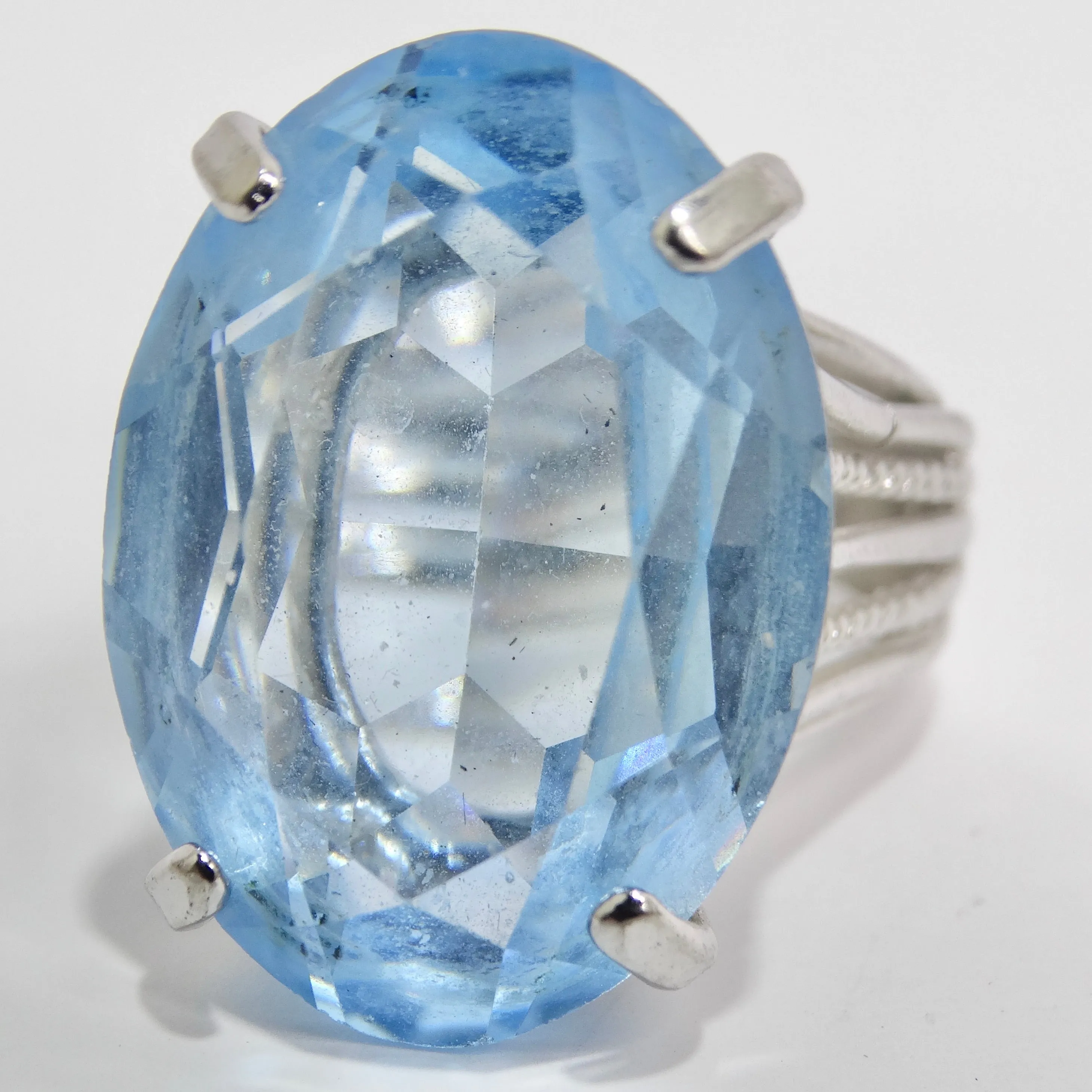 1970s Synthetic Aquamarine Silver Plated Cocktail Ring