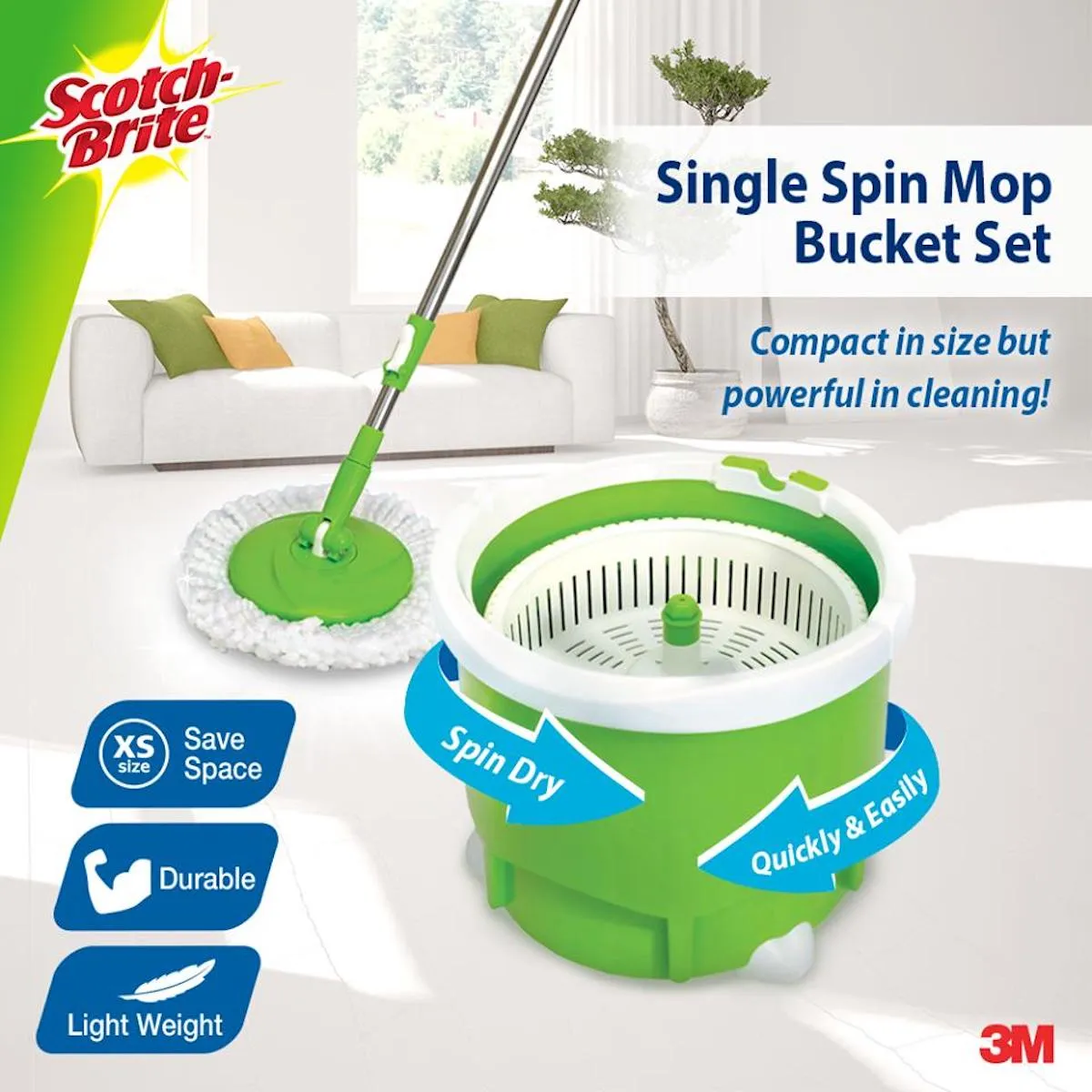 3M Scotch Brite Single Spin Mop Bucket Set/ Full Microfiber Mop/ Household Mop Set