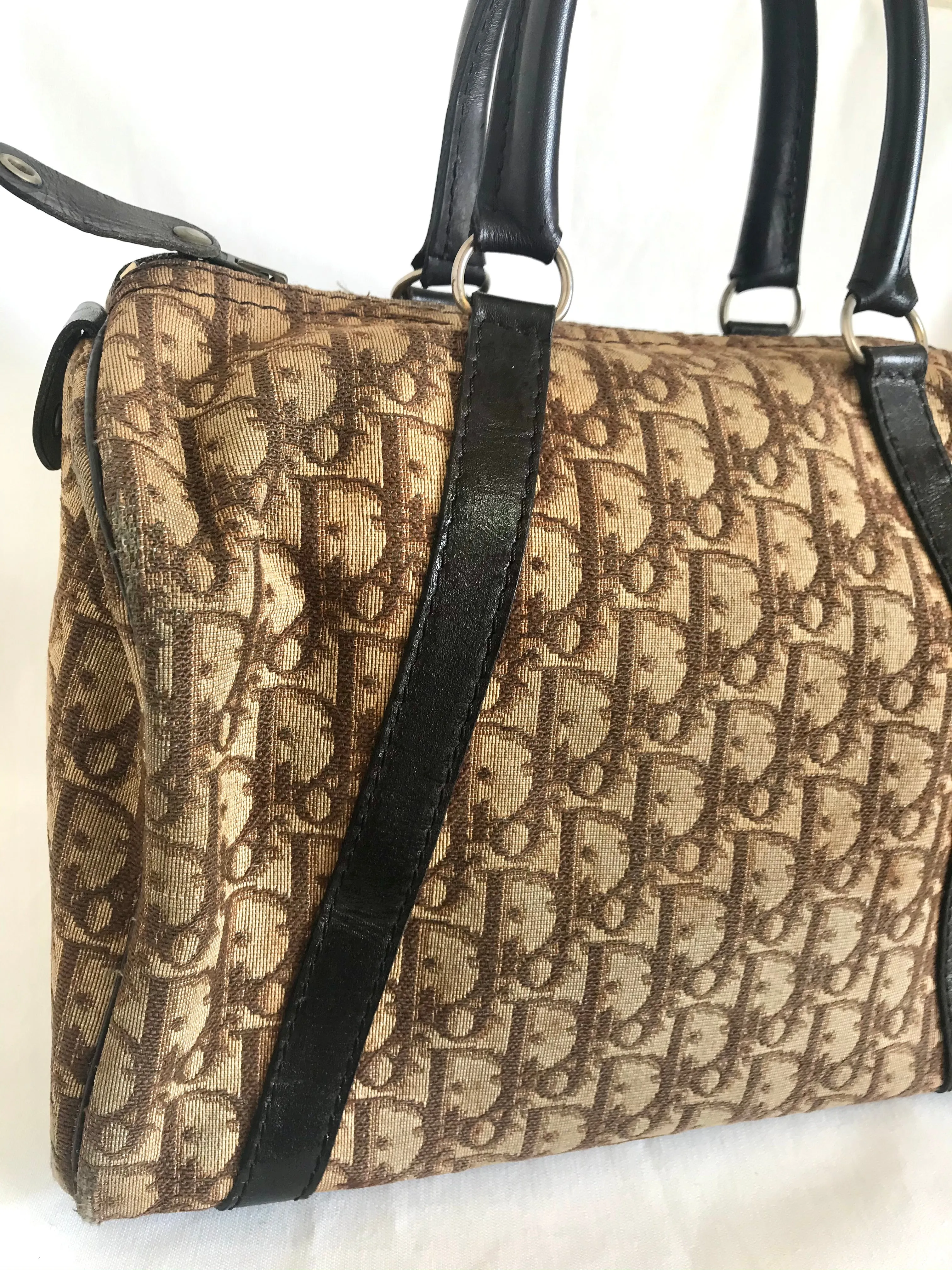 70's vintage Christian Dior brown trotter jacquard handbag. ECLAIR zippers. Classic mini speedy duffle bag.