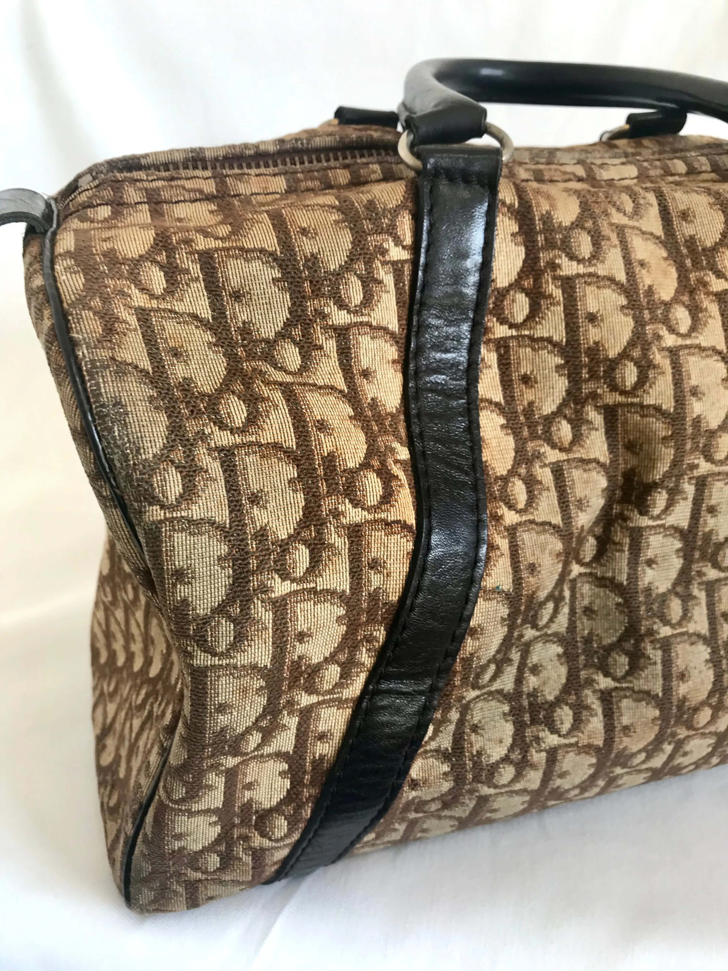 70's vintage Christian Dior brown trotter jacquard handbag. ECLAIR zippers. Classic mini speedy duffle bag.