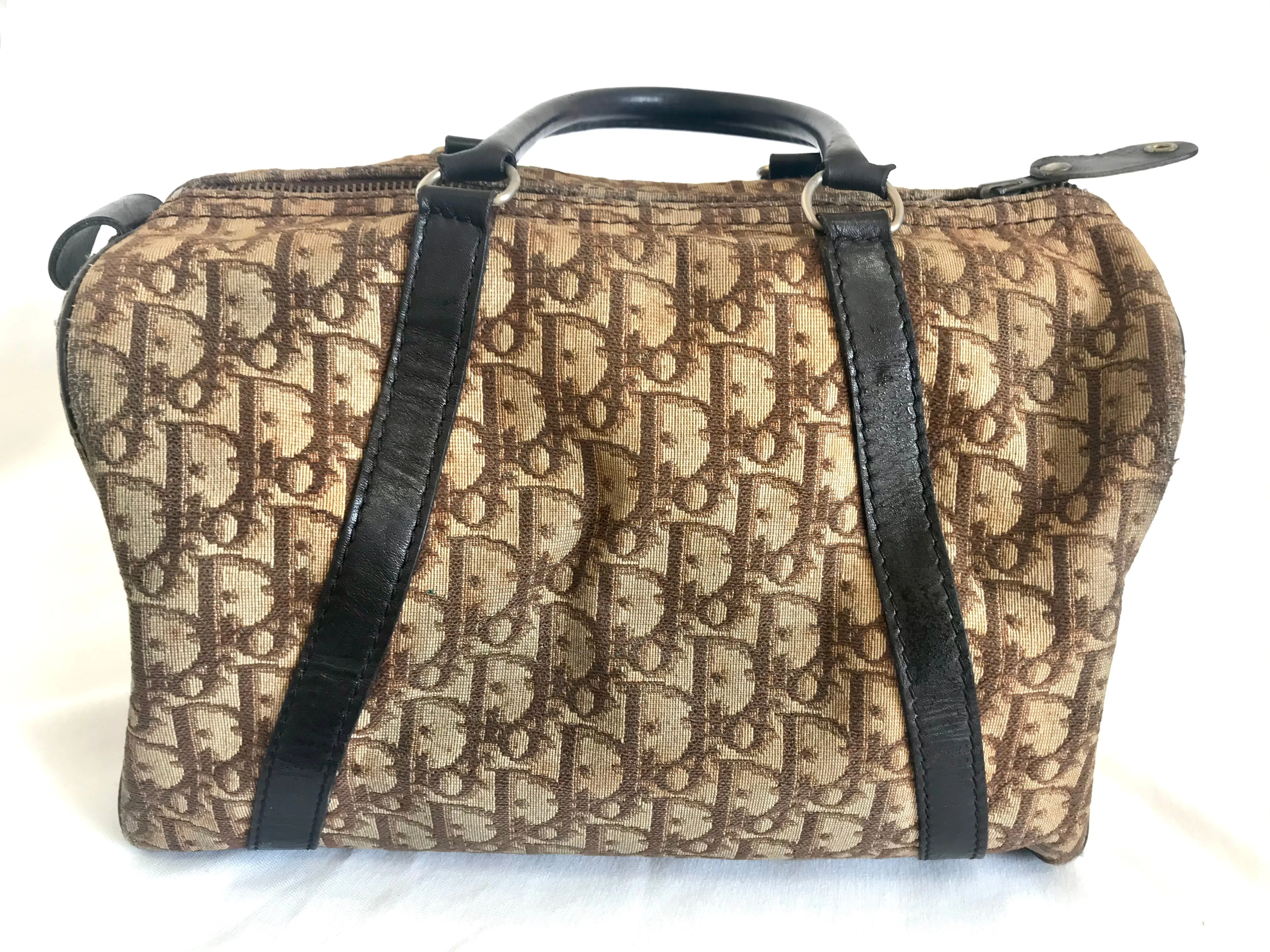 70's vintage Christian Dior brown trotter jacquard handbag. ECLAIR zippers. Classic mini speedy duffle bag.