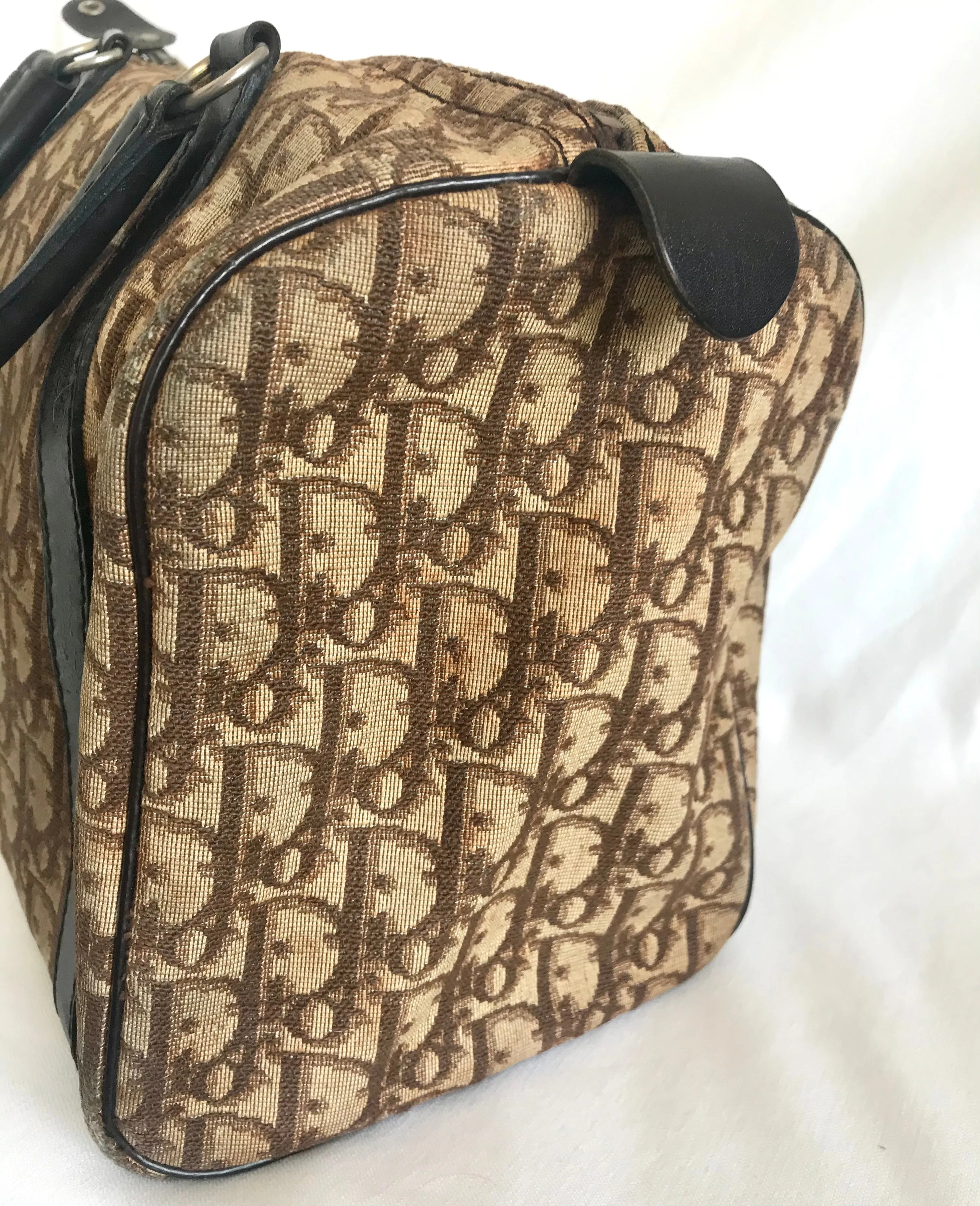 70's vintage Christian Dior brown trotter jacquard handbag. ECLAIR zippers. Classic mini speedy duffle bag.