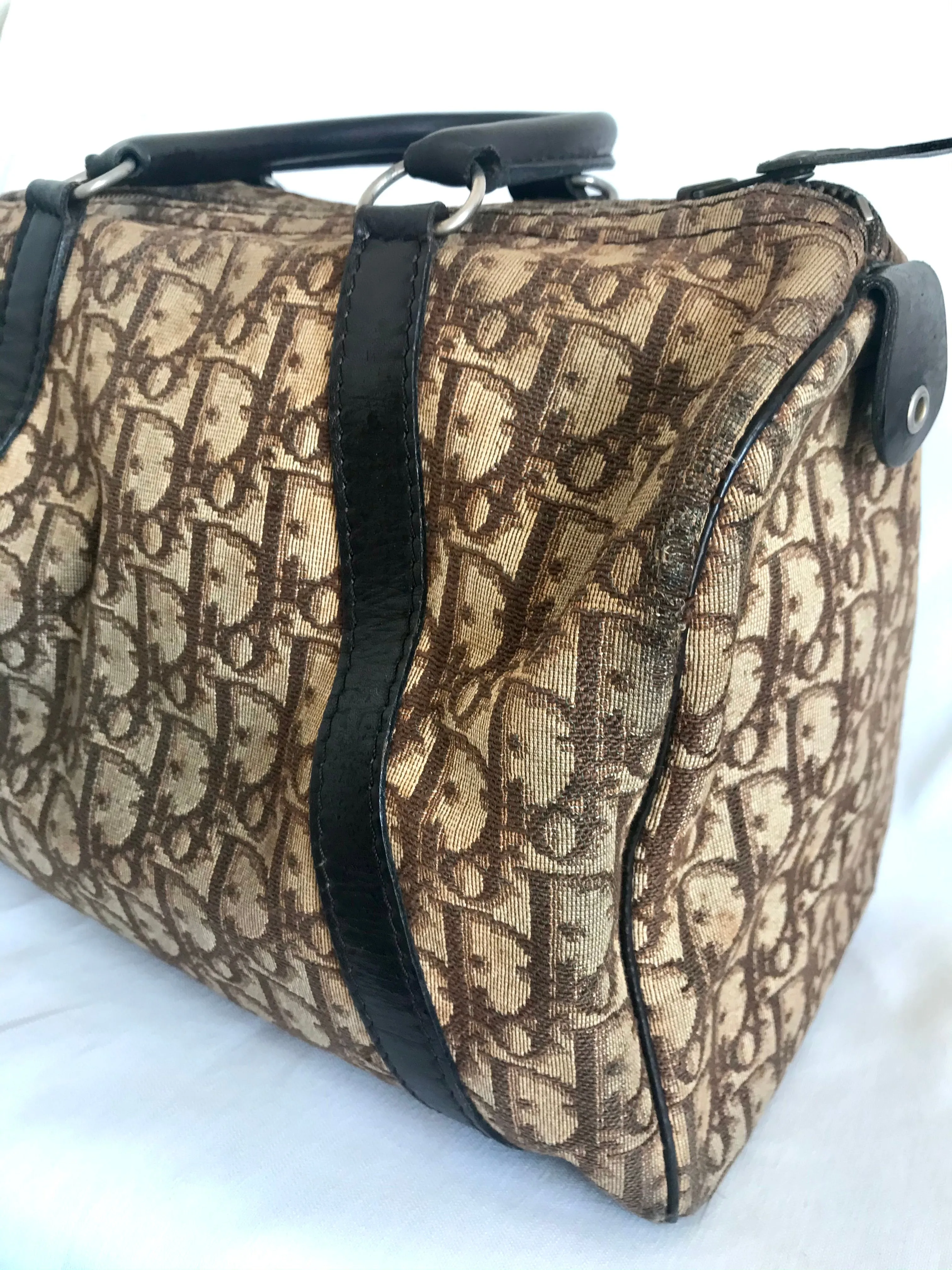 70's vintage Christian Dior brown trotter jacquard handbag. ECLAIR zippers. Classic mini speedy duffle bag.