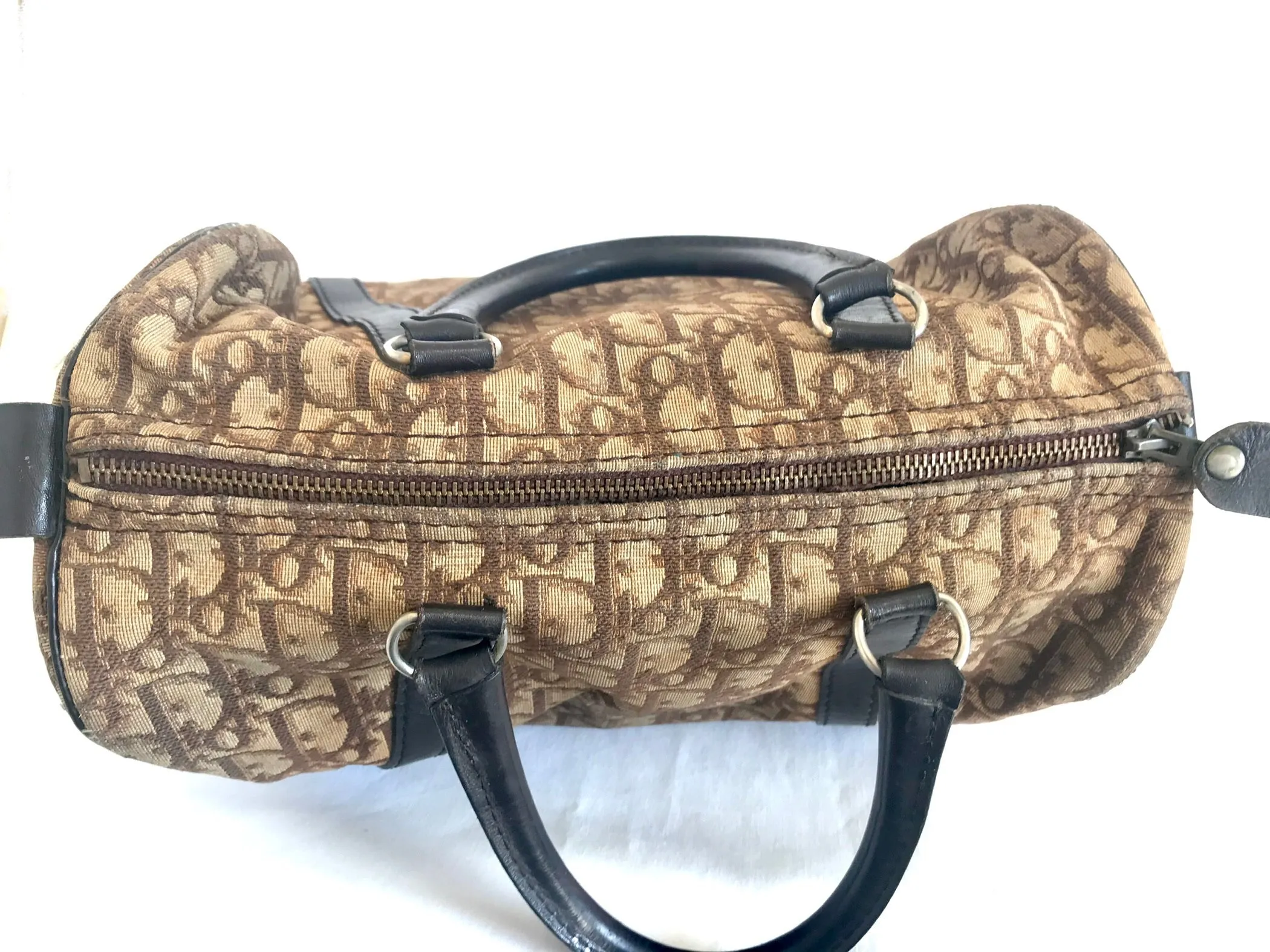 70's vintage Christian Dior brown trotter jacquard handbag. ECLAIR zippers. Classic mini speedy duffle bag.