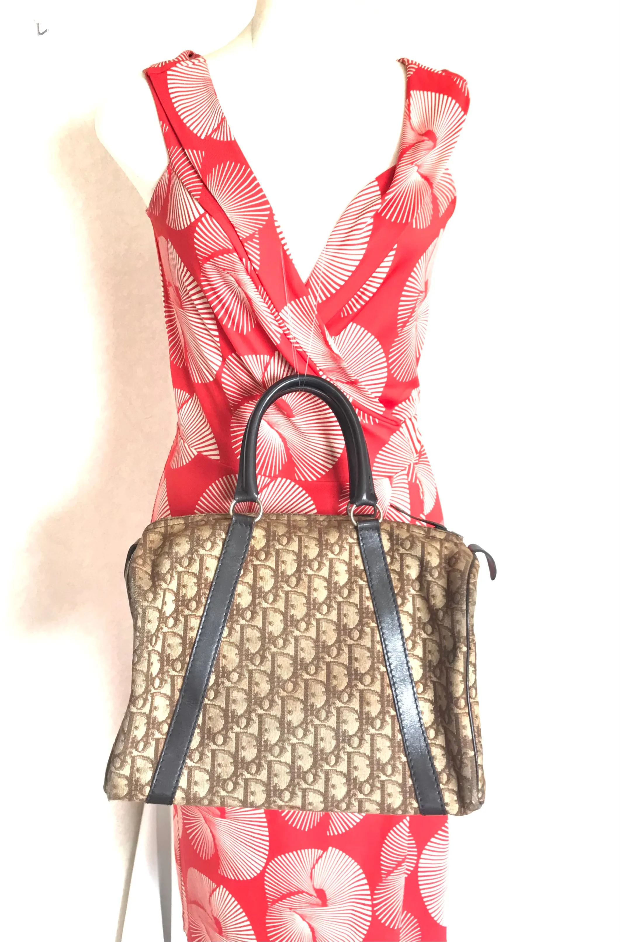 70's vintage Christian Dior brown trotter jacquard handbag. ECLAIR zippers. Classic mini speedy duffle bag.