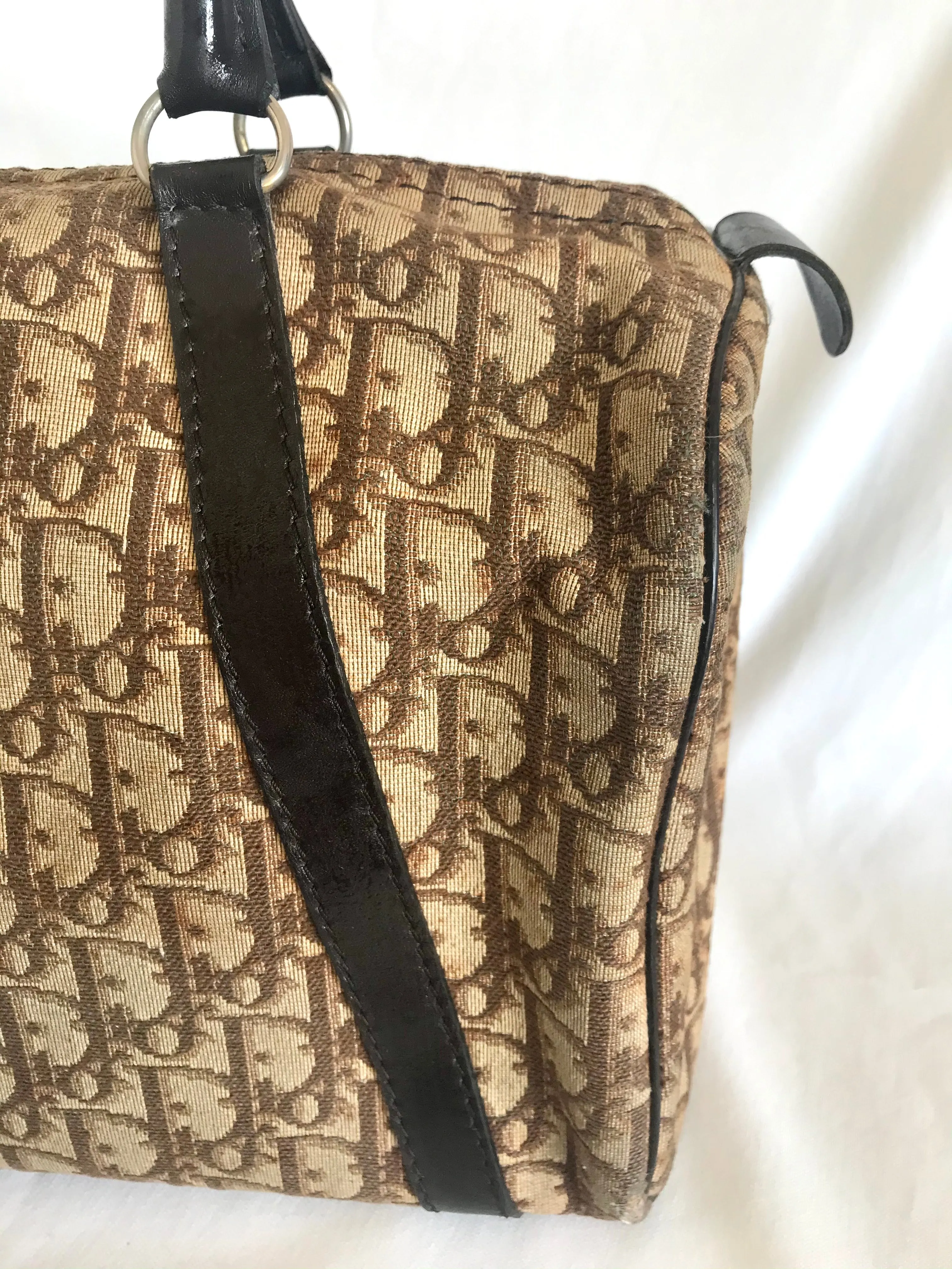 70's vintage Christian Dior brown trotter jacquard handbag. ECLAIR zippers. Classic mini speedy duffle bag.