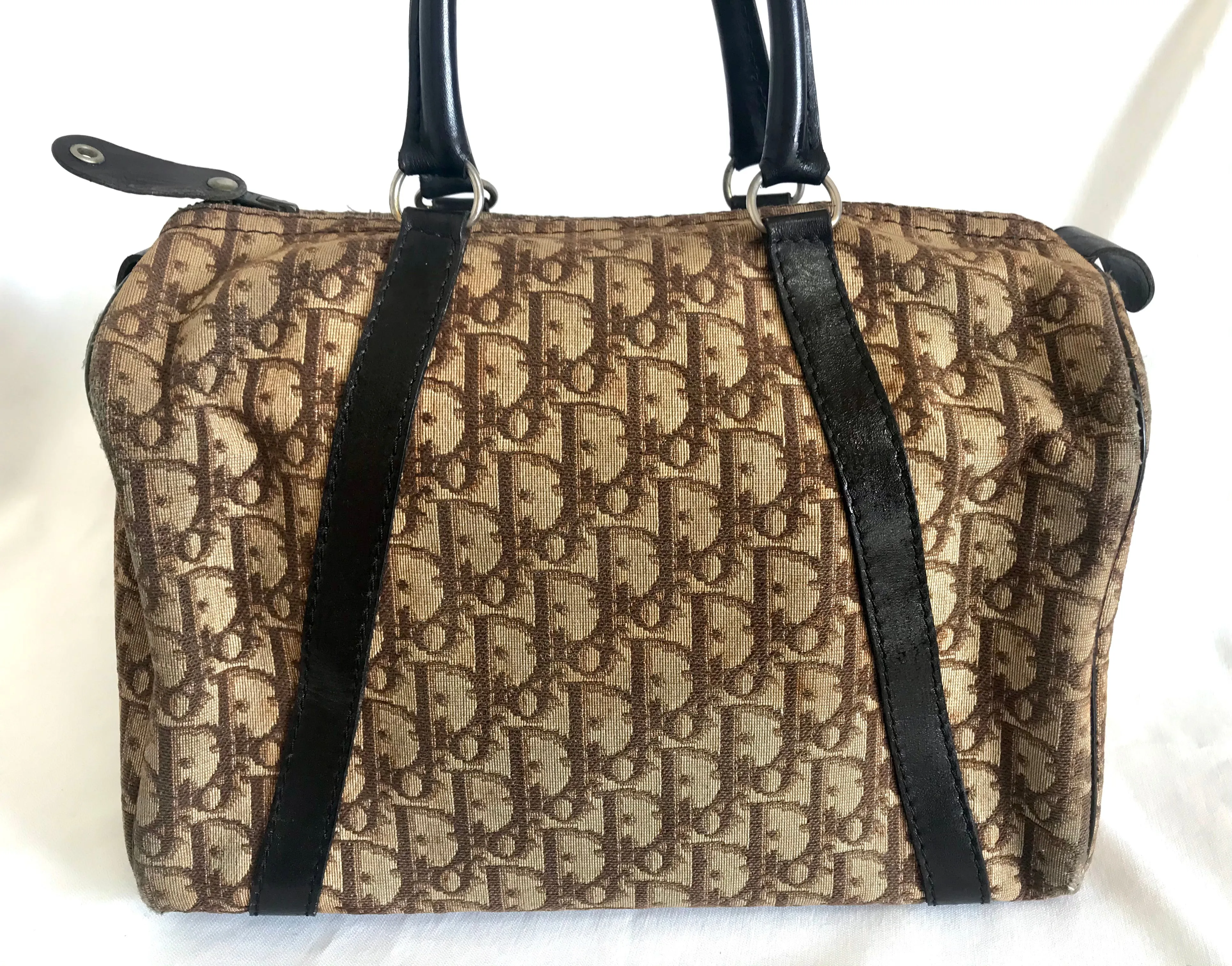 70's vintage Christian Dior brown trotter jacquard handbag. ECLAIR zippers. Classic mini speedy duffle bag.