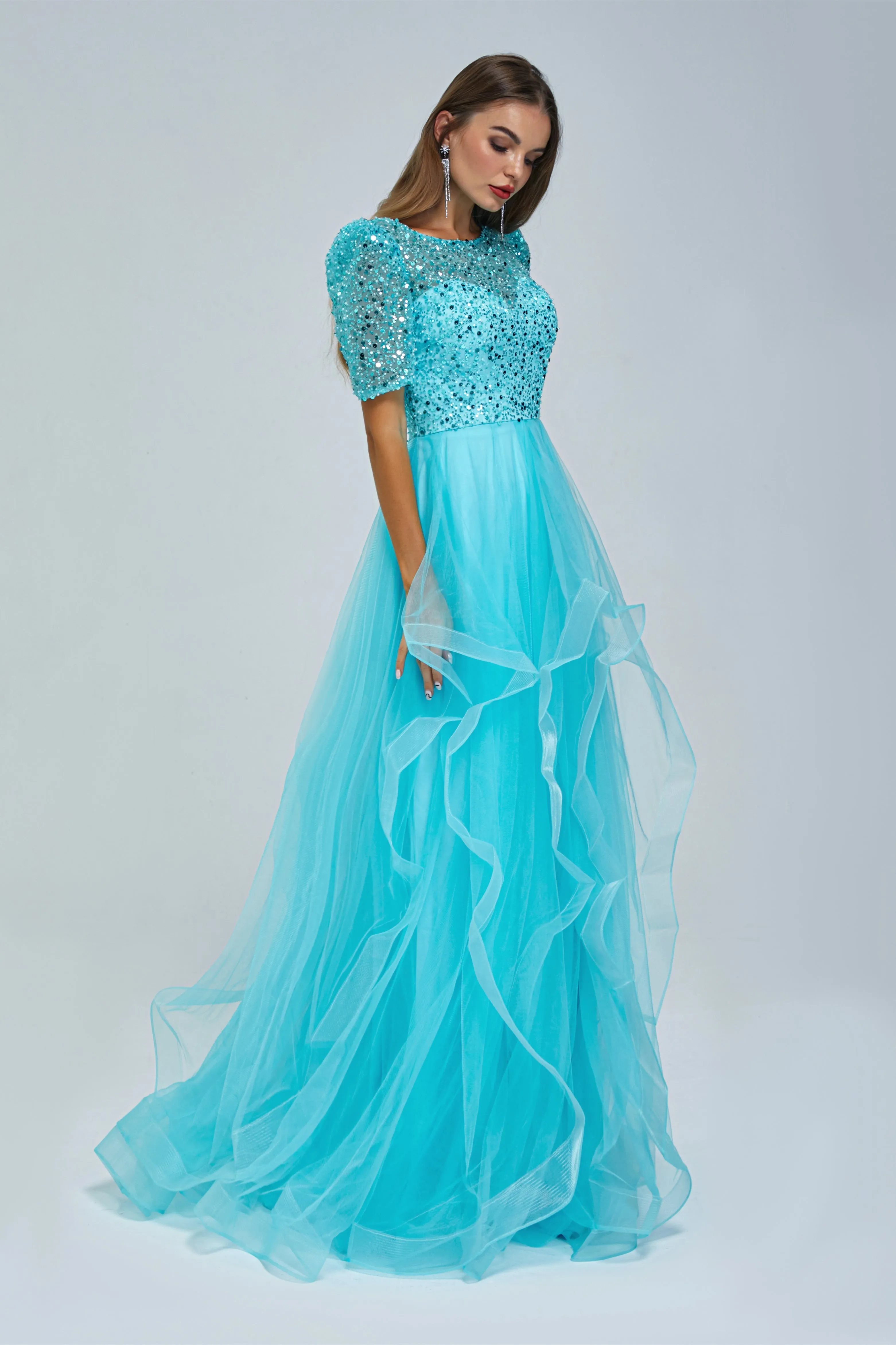 A-line Jewel half sleeves Floor-length Backless Beaded Tulle Beautiful Prom Dress