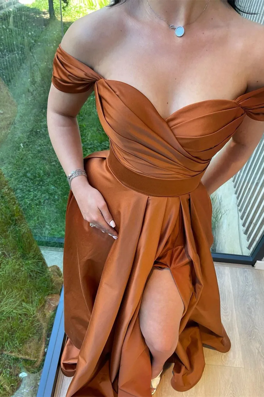 A-line Off-the-shoulder Sweetheart High Split Floor-length Open Back Prom Dress