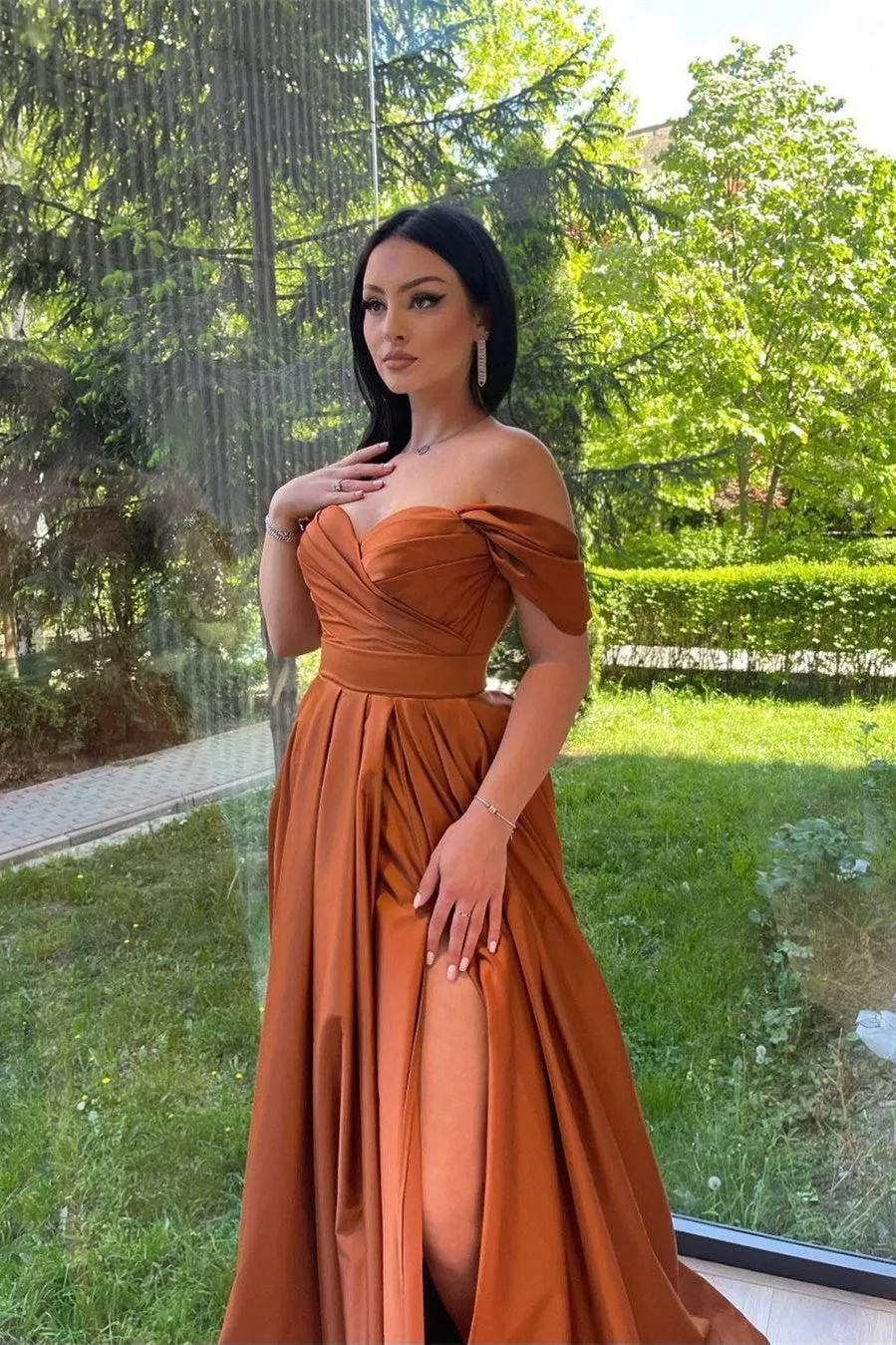 A-line Off-the-shoulder Sweetheart High Split Floor-length Open Back Prom Dress
