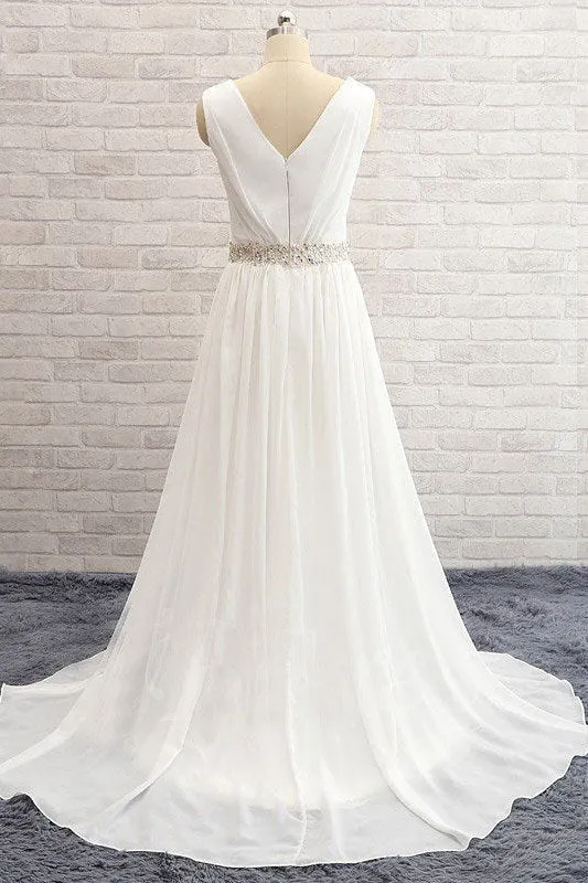 A Line Sleeveless V neck Sweep Train Chiffon Beading Wedding Dresses