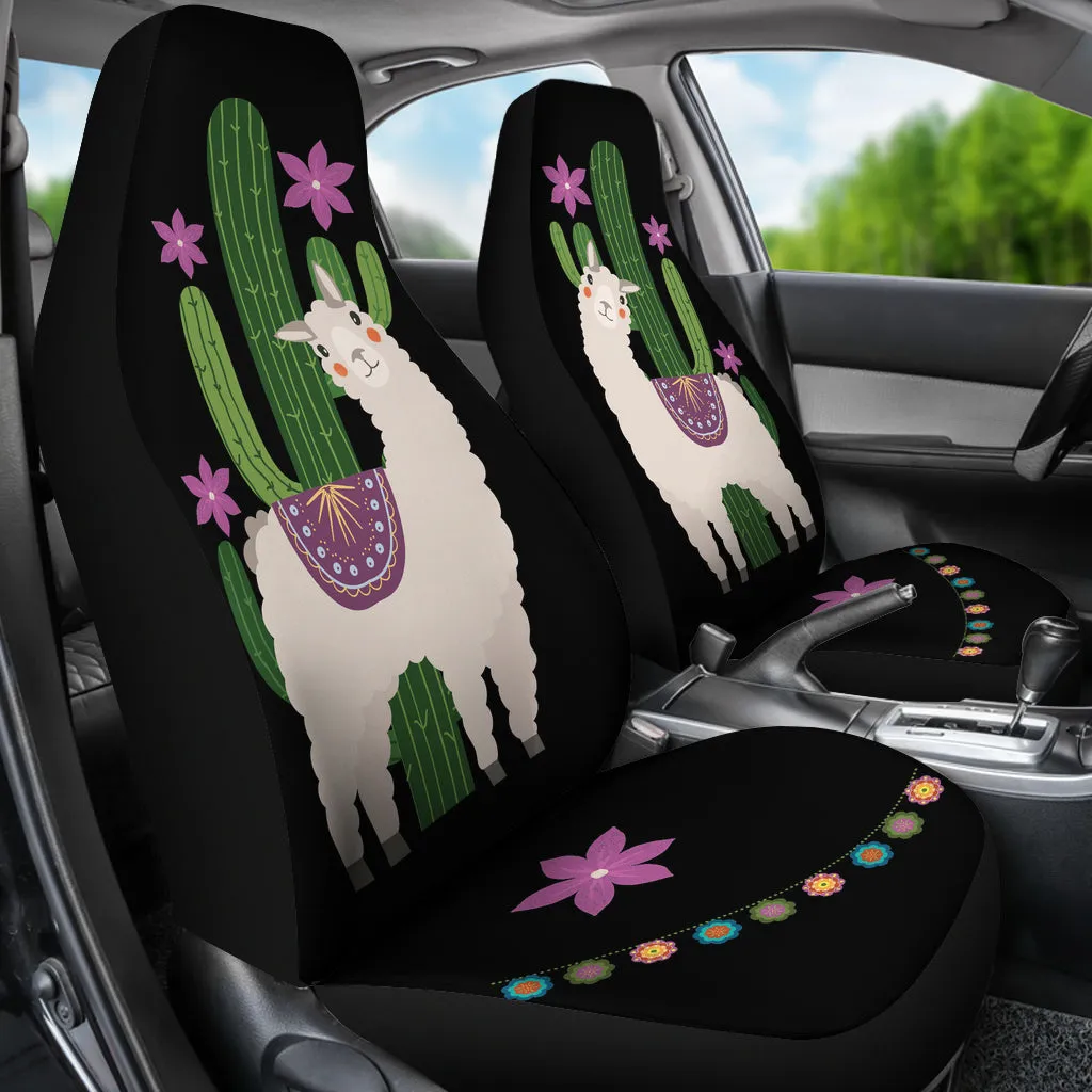 Alpaca Car Seat Covers Boho Hippie Style Cactus and Flowers Desert Motif Purple and Black