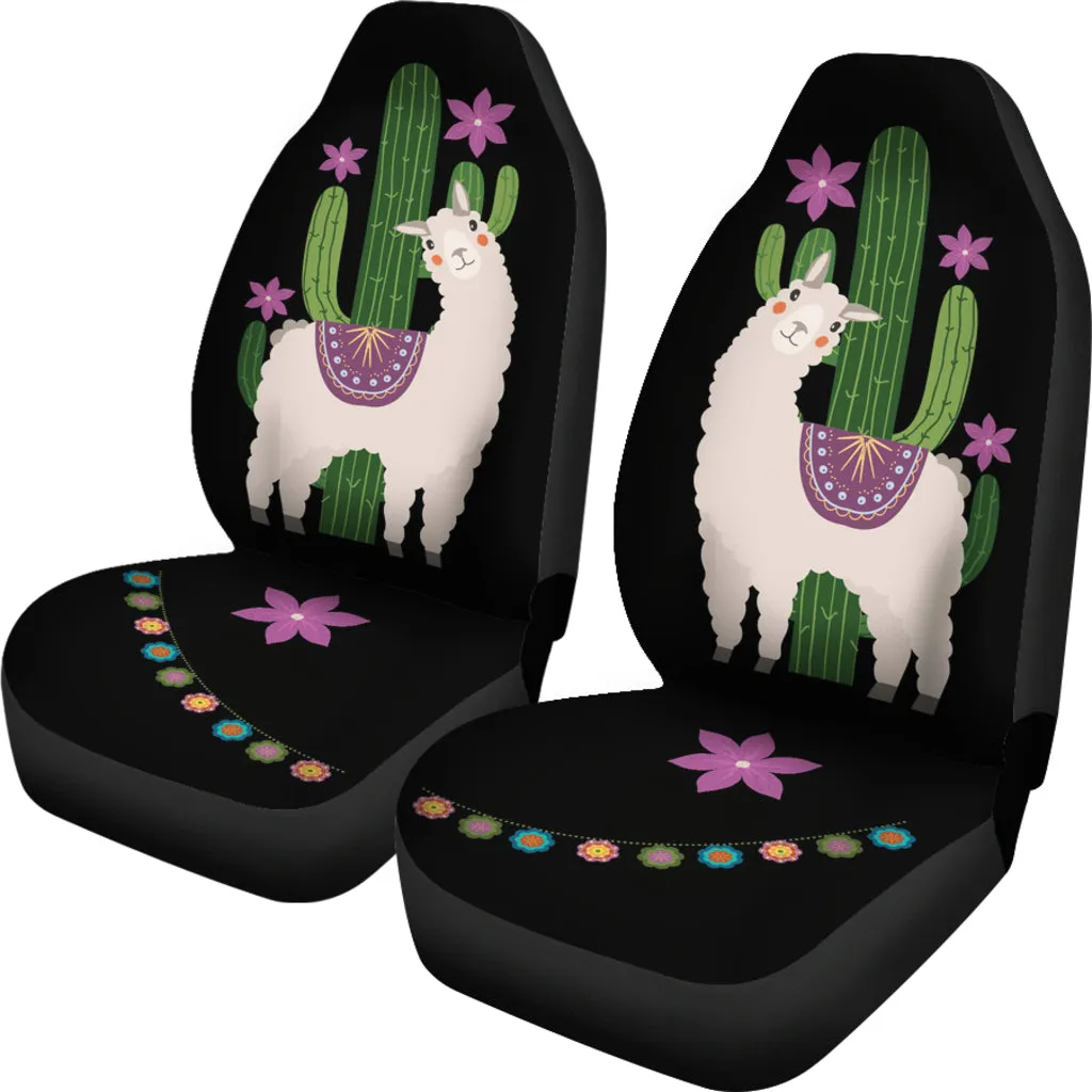 Alpaca Car Seat Covers Boho Hippie Style Cactus and Flowers Desert Motif Purple and Black