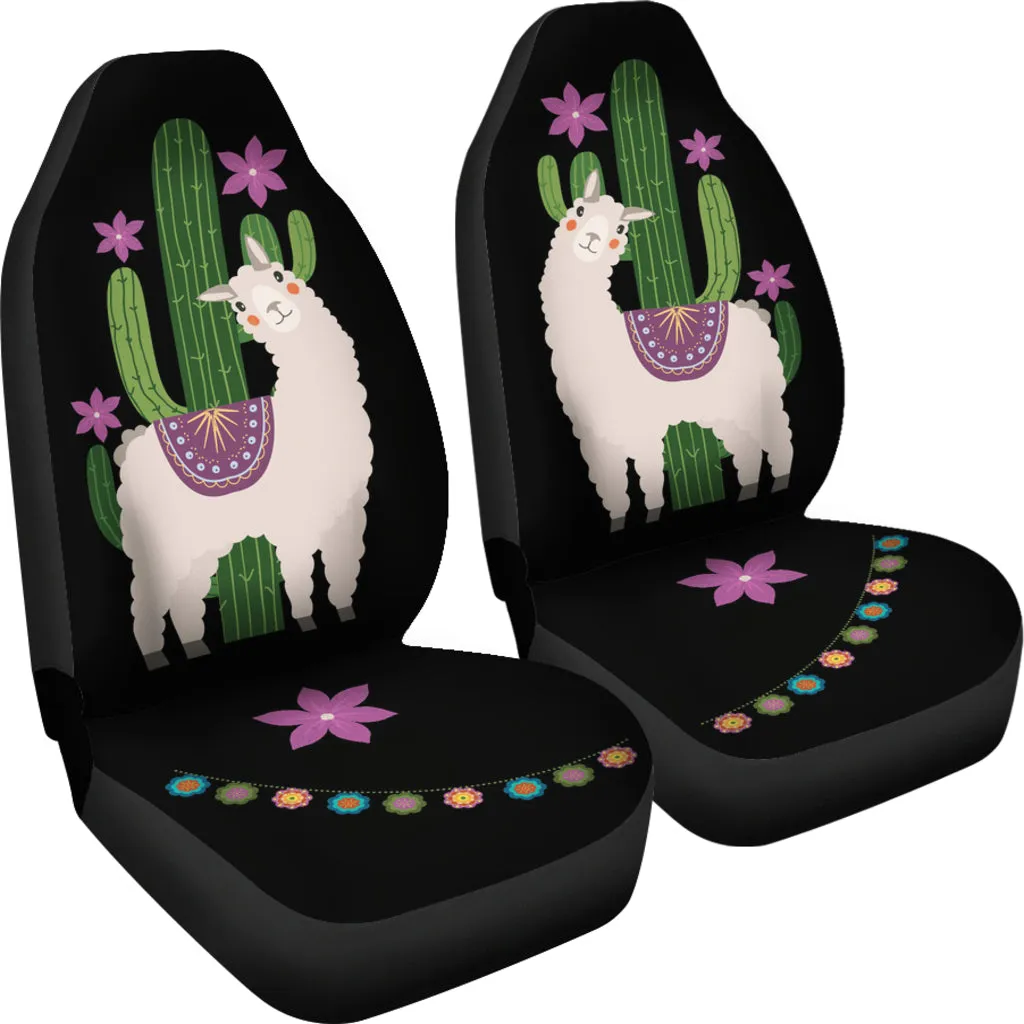 Alpaca Car Seat Covers Boho Hippie Style Cactus and Flowers Desert Motif Purple and Black