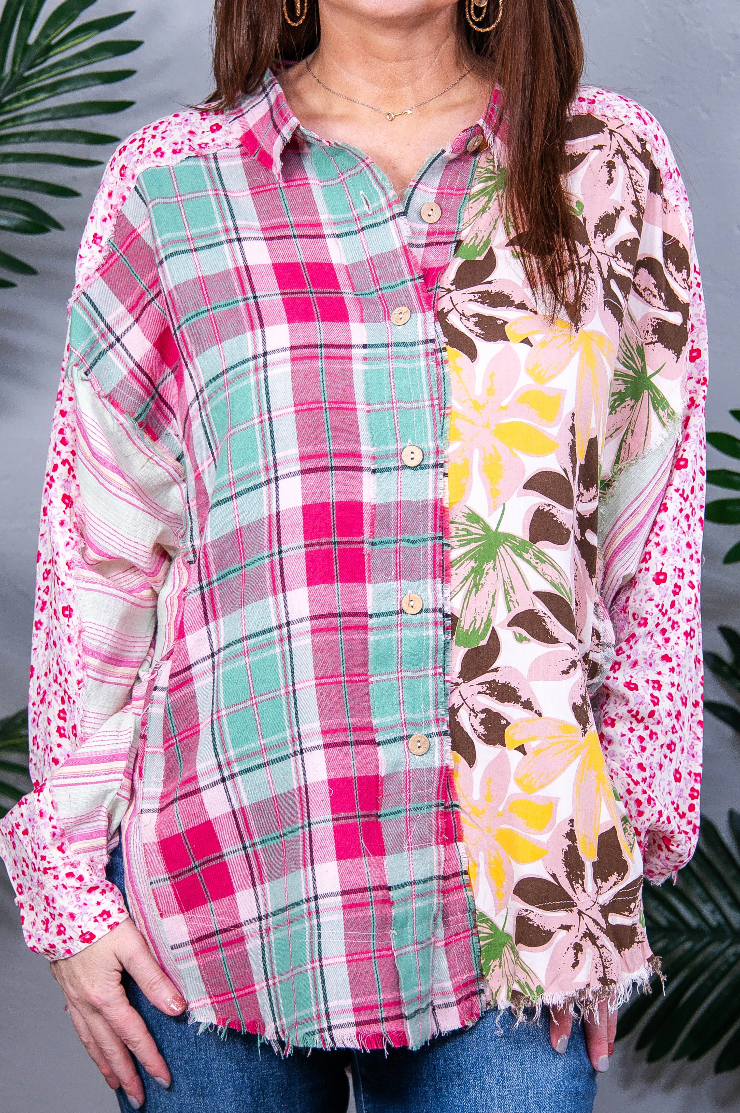 Always Side By Side Pink/Multi Color Plaid/Floral Top - T10848PK