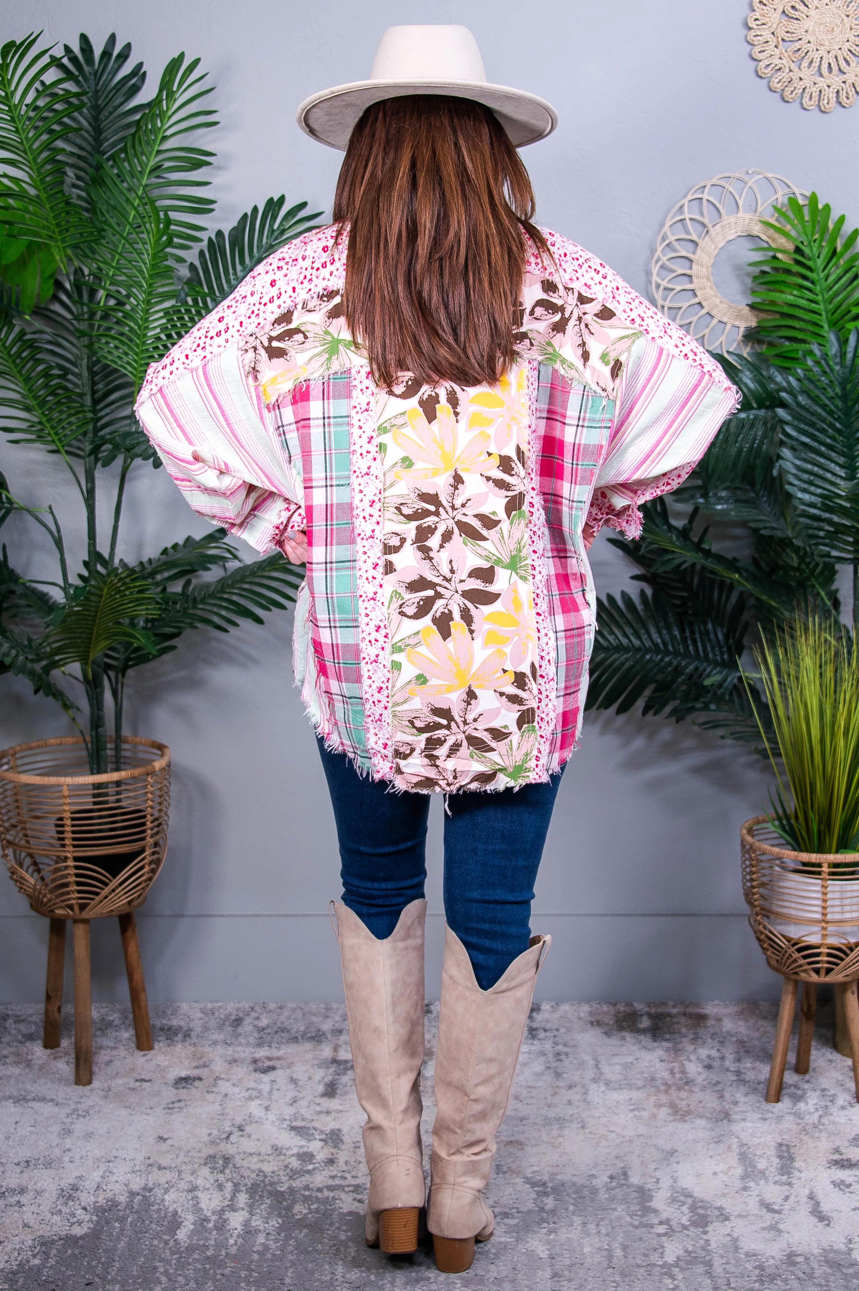 Always Side By Side Pink/Multi Color Plaid/Floral Top - T10848PK