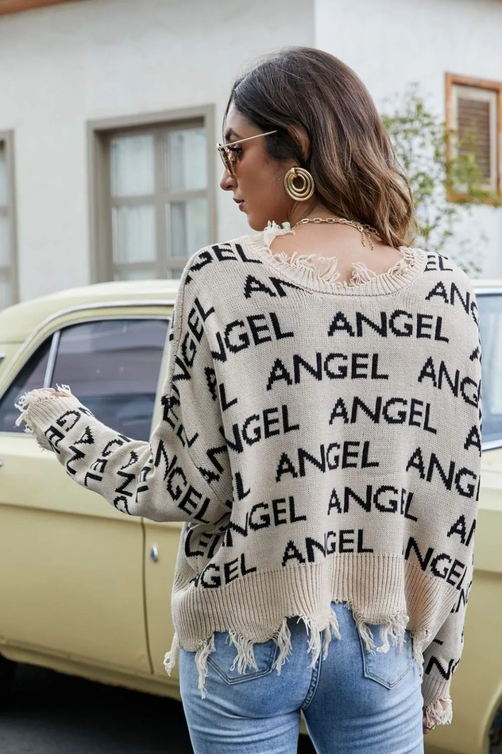 Angel Distressed V-Neck Dropped Shoulder Sweater