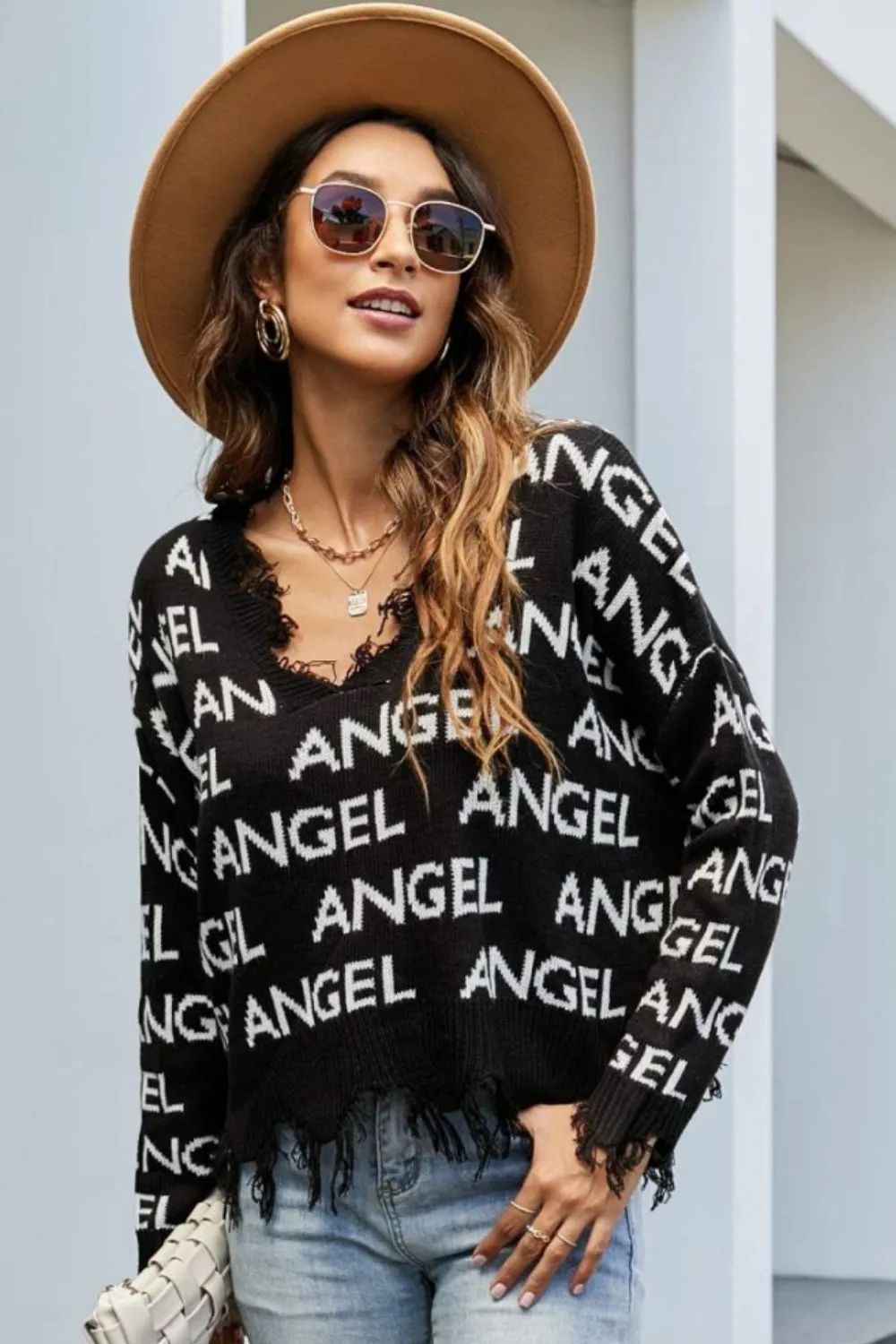 Angel Distressed V-Neck Dropped Shoulder Sweater