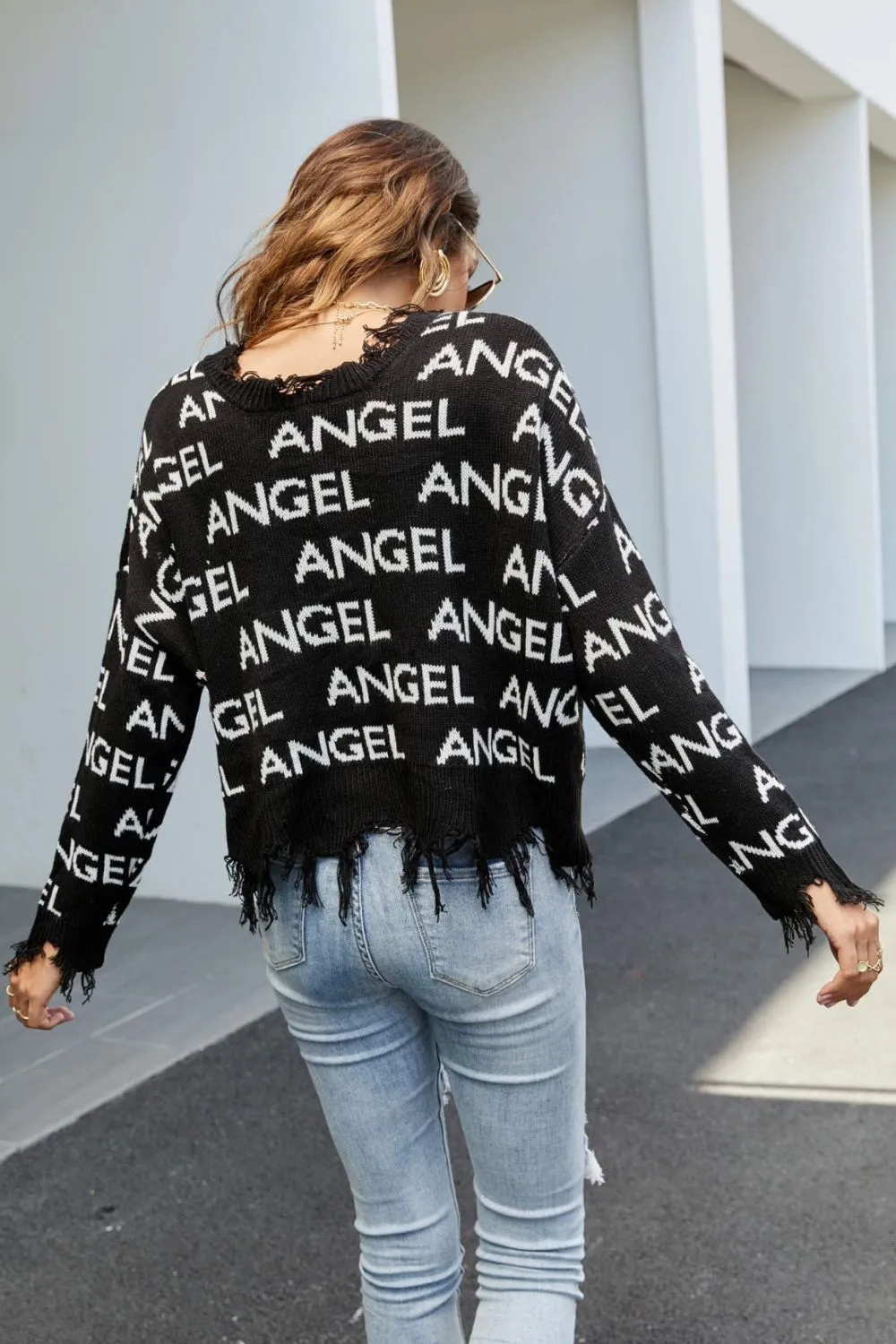 Angel Distressed V-Neck Dropped Shoulder Sweater