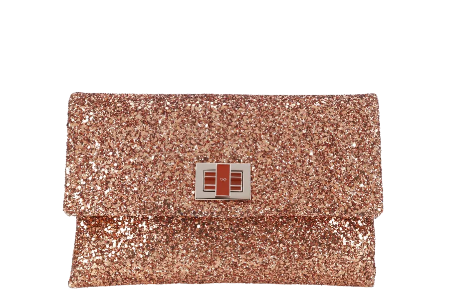 ANYA HINDMARCH BRONZE GLITTER VALORIE CLUTCH WITH BOX ONLY