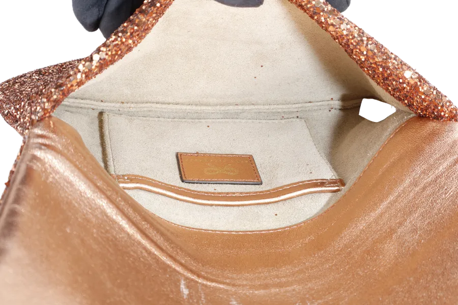 ANYA HINDMARCH BRONZE GLITTER VALORIE CLUTCH WITH BOX ONLY