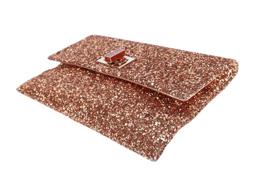 ANYA HINDMARCH BRONZE GLITTER VALORIE CLUTCH WITH BOX ONLY