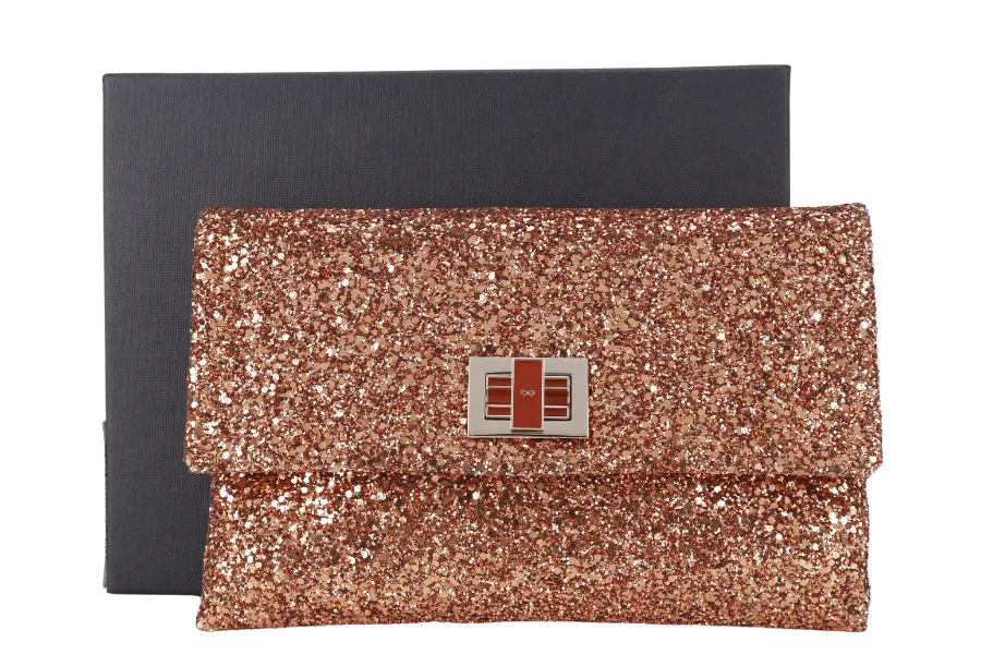 ANYA HINDMARCH BRONZE GLITTER VALORIE CLUTCH WITH BOX ONLY