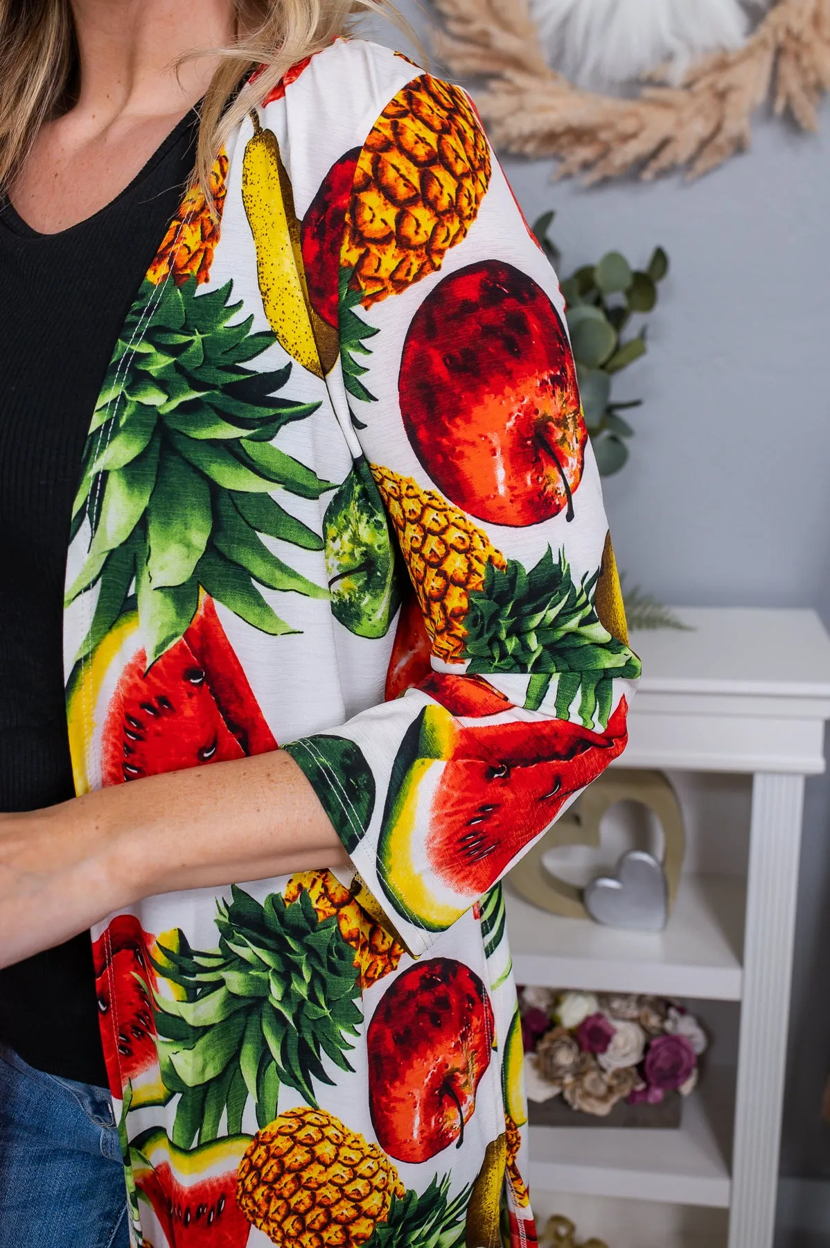 Apple Of Your Eye Ivory/Multi Color Fruit Mix Kimono - O4626IV