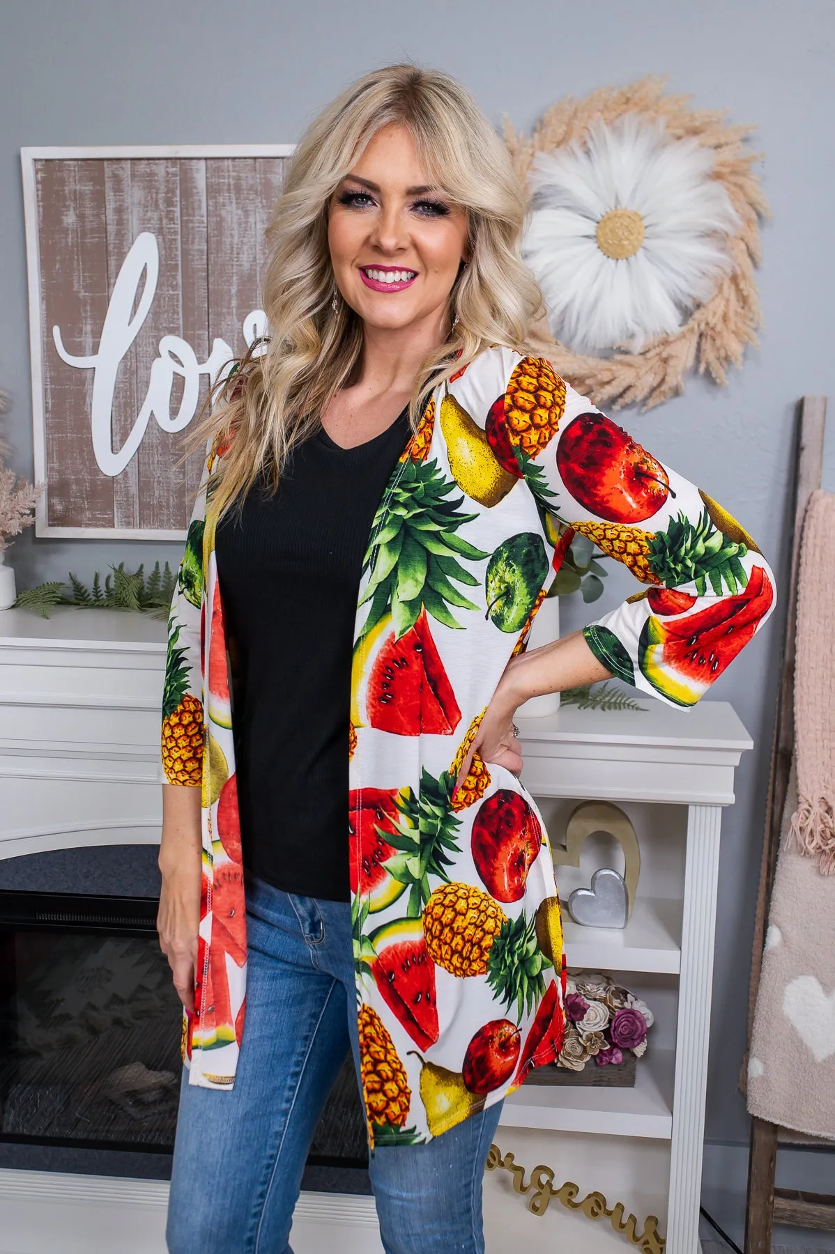 Apple Of Your Eye Ivory/Multi Color Fruit Mix Kimono - O4626IV