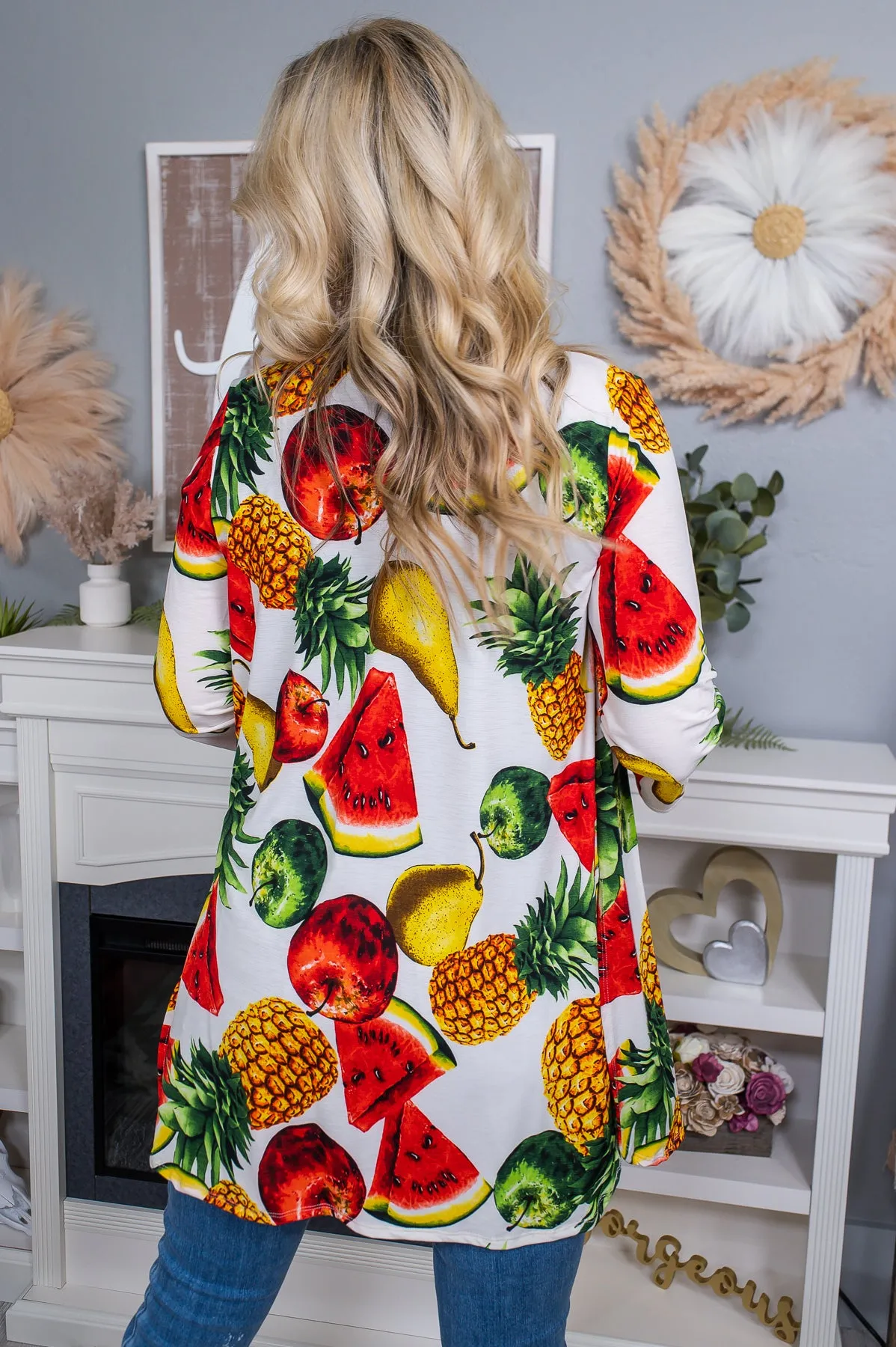 Apple Of Your Eye Ivory/Multi Color Fruit Mix Kimono - O4626IV