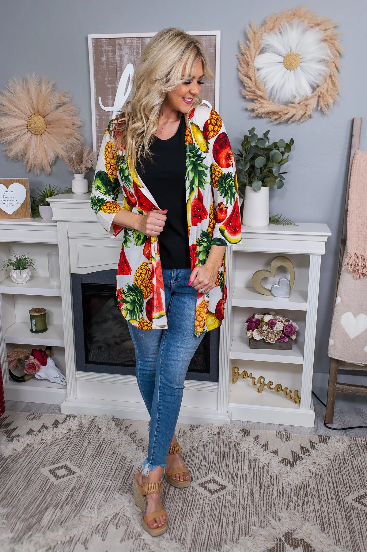 Apple Of Your Eye Ivory/Multi Color Fruit Mix Kimono - O4626IV