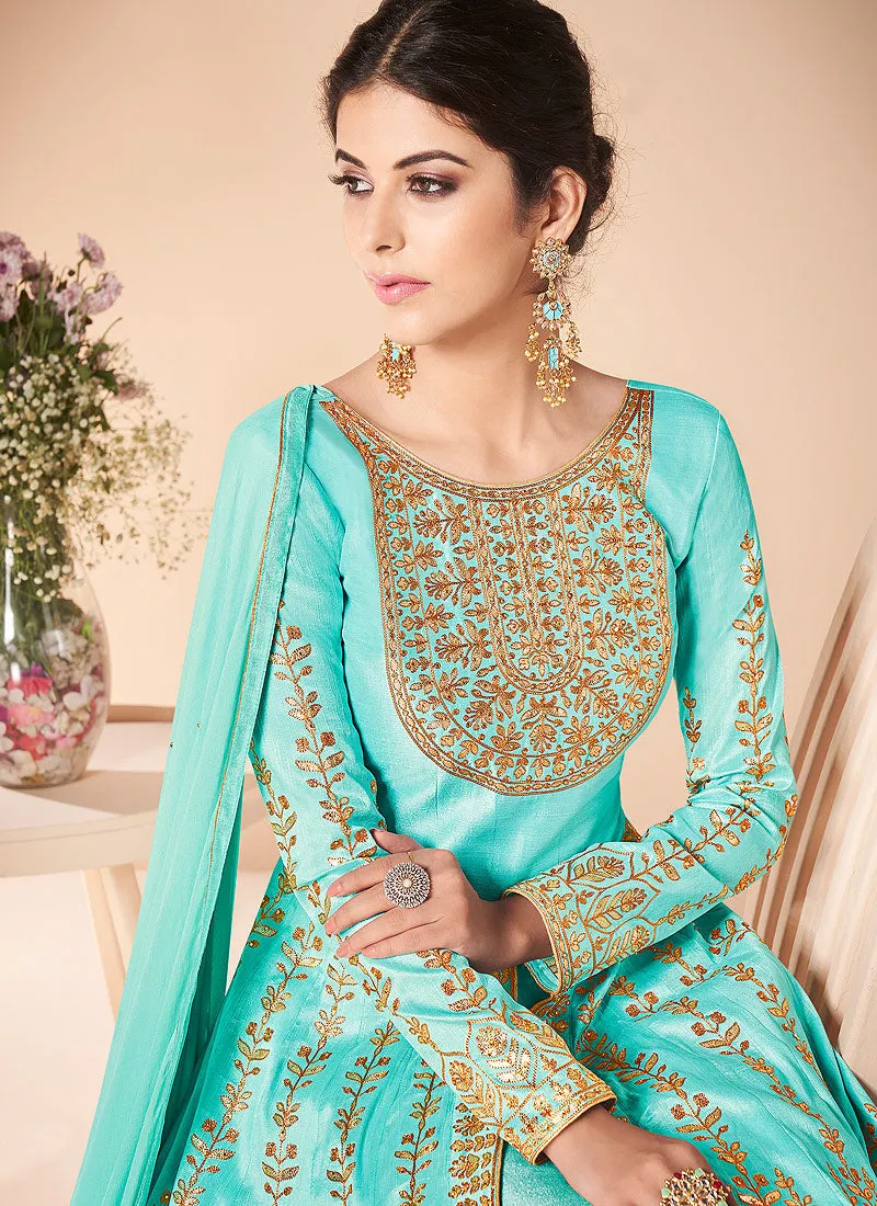 Aqua Blue Embroidered Silk Anarkali Suit